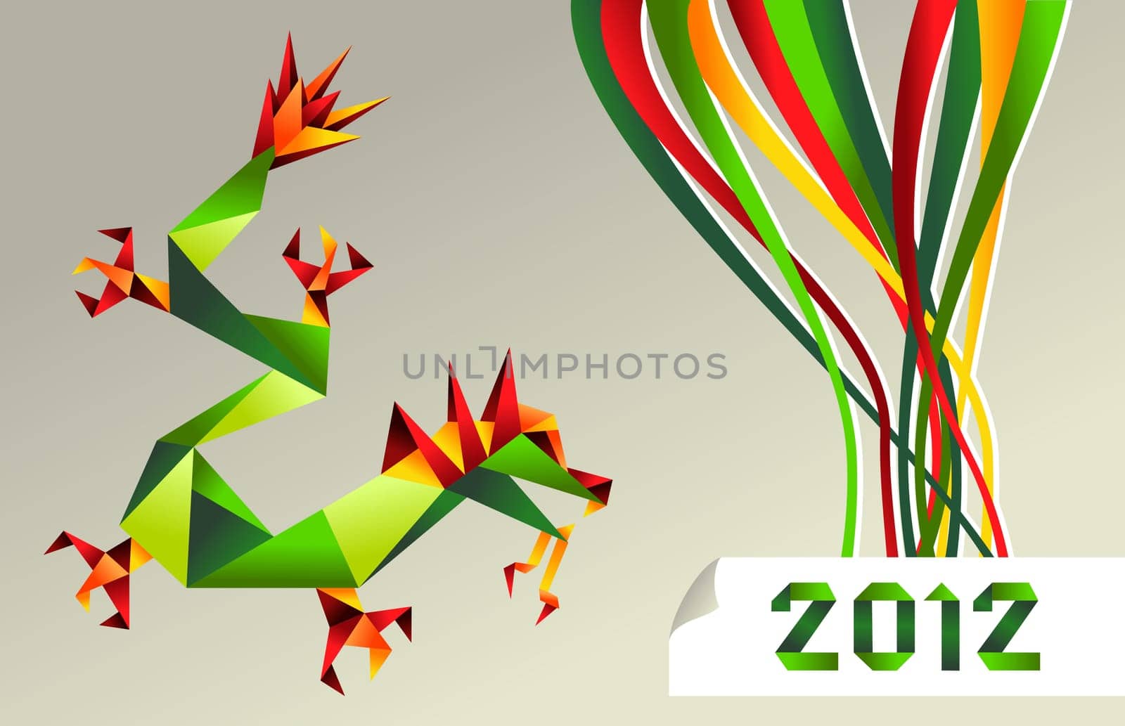 Single colorful China origami dragon with 2012 year on gray background. Vector file available.