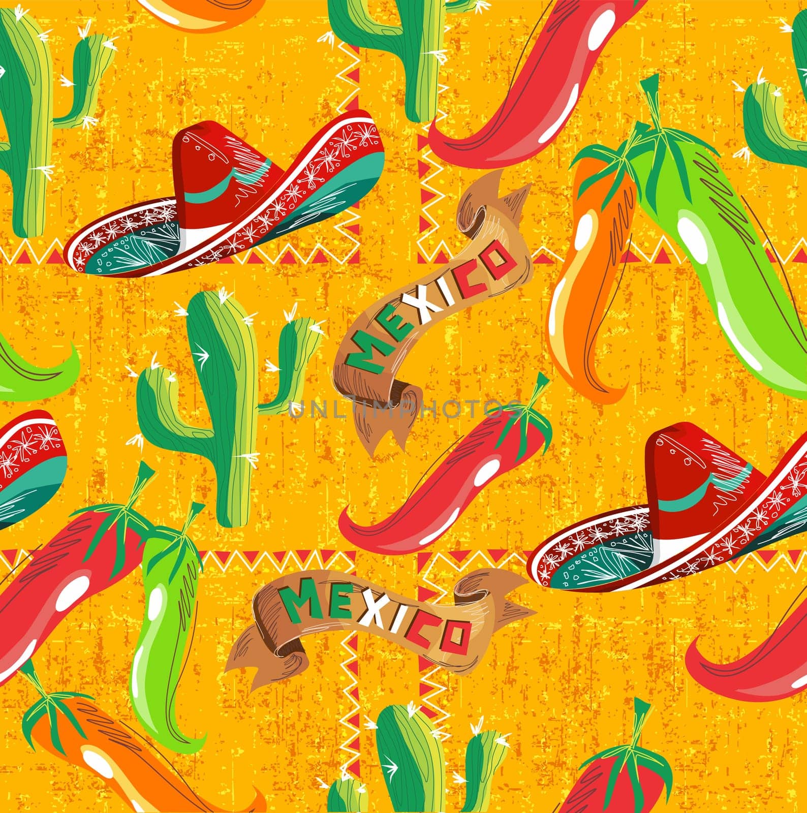 Mexican pattern with cactus, hat and chill illustration over grunge background. Useful for menu design.