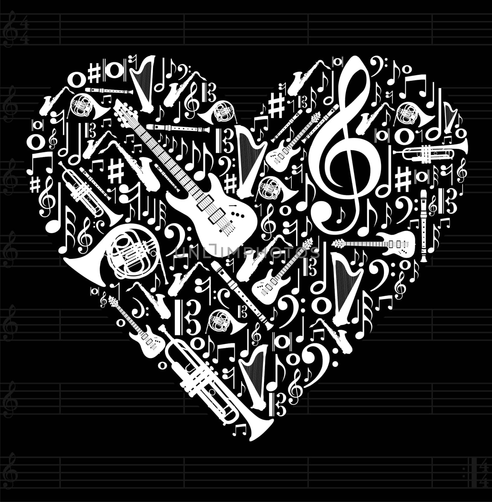 Love for music concept illustration. High contrast musical instruments icon set in heart shape background. Vector file available.