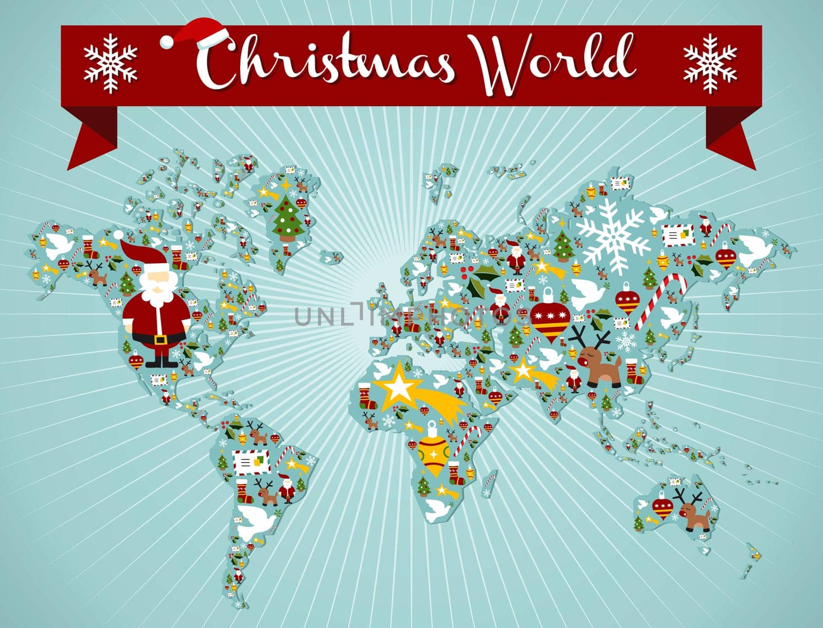 Christmas icon set in globe world map background. Vector file available.