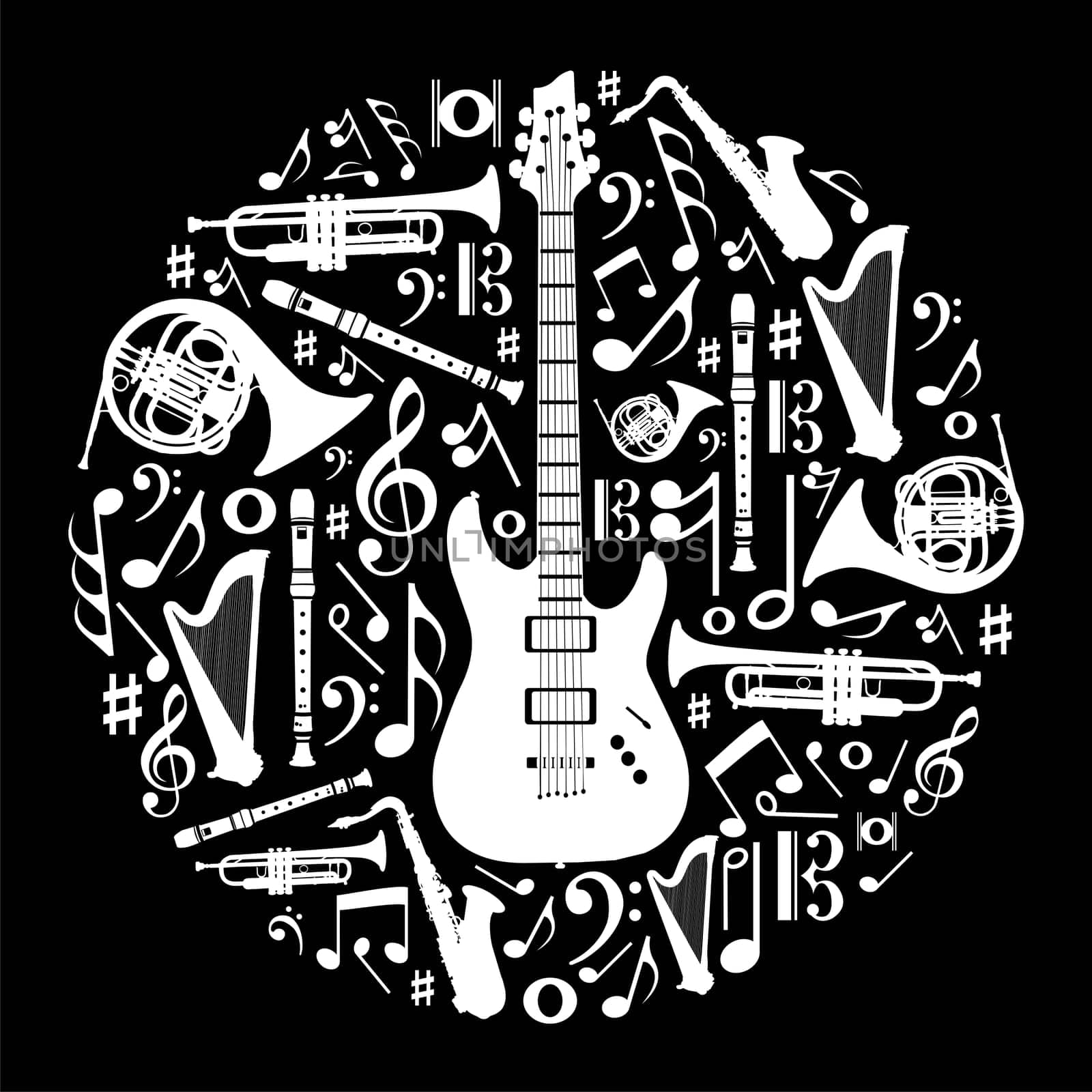 High contrast music instruments silhouette in circle shape. Vector file available.