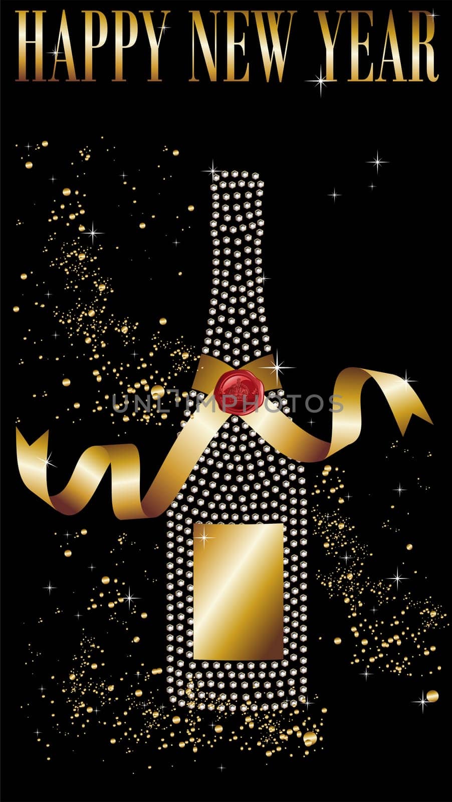 Diamond champagne bottle with gold ribbon in New Year celebration. Vector file available.