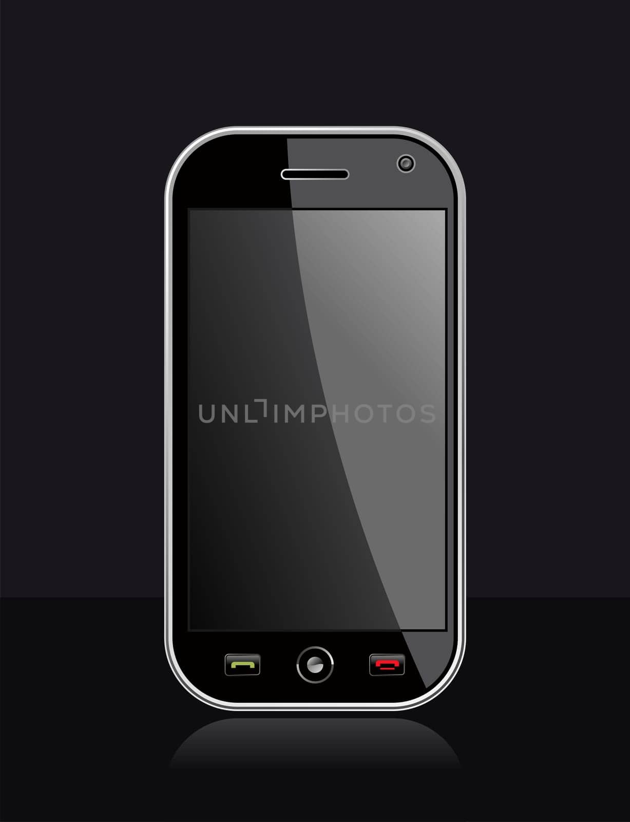 Generic black smartphone on black background with blank space for your own design or image. Useful for mobile applications presentation. EPS 8 vector, cleanly built with no open shapes or strokes. Grouped and ordered in layers for easy editing.