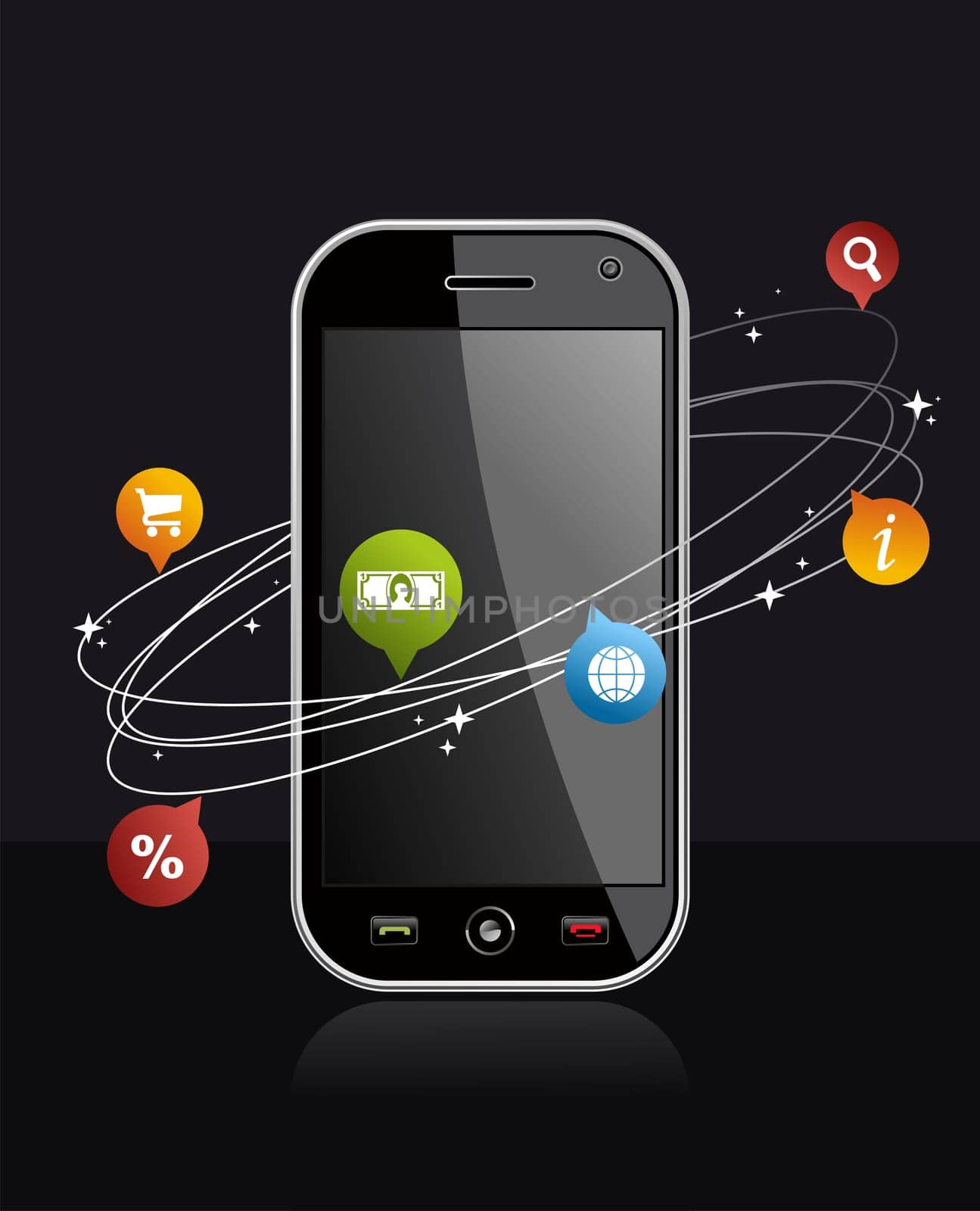 Black smartphone with app on dark background. Mobile or Cell Phone device vector illustration.