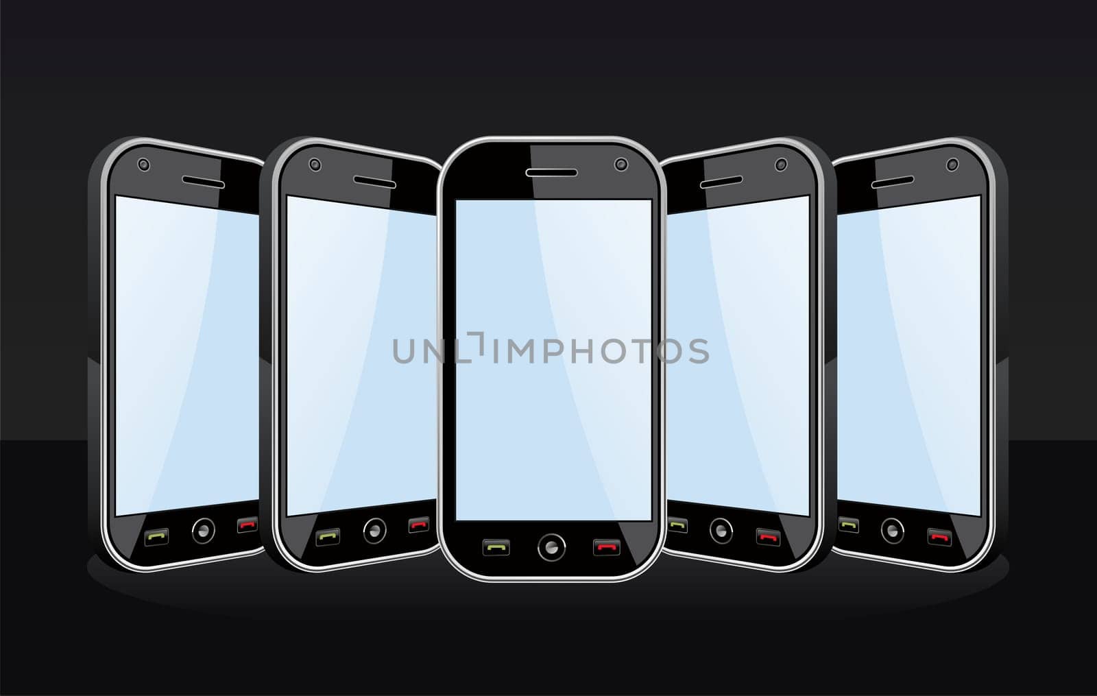 Set of black smartphones templates on black background. You can place your own images on the screens. EPS 8 vector, cleanly built with no open shapes or strokes. Grouped and ordered in layers for easy editing.