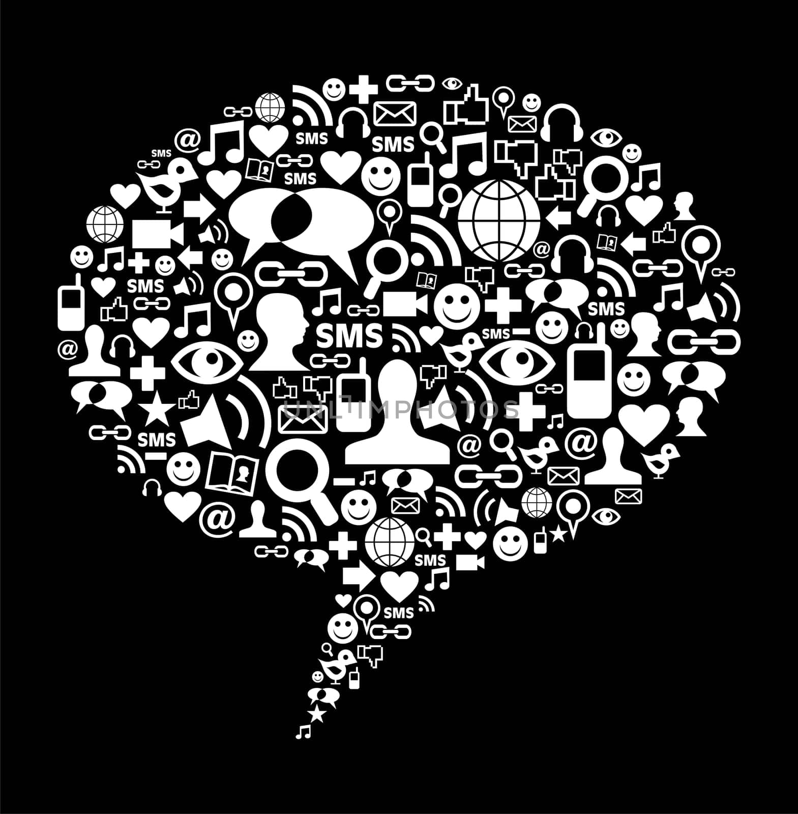 Social media icons texture in talk bubble shape composition background. Vector file available.