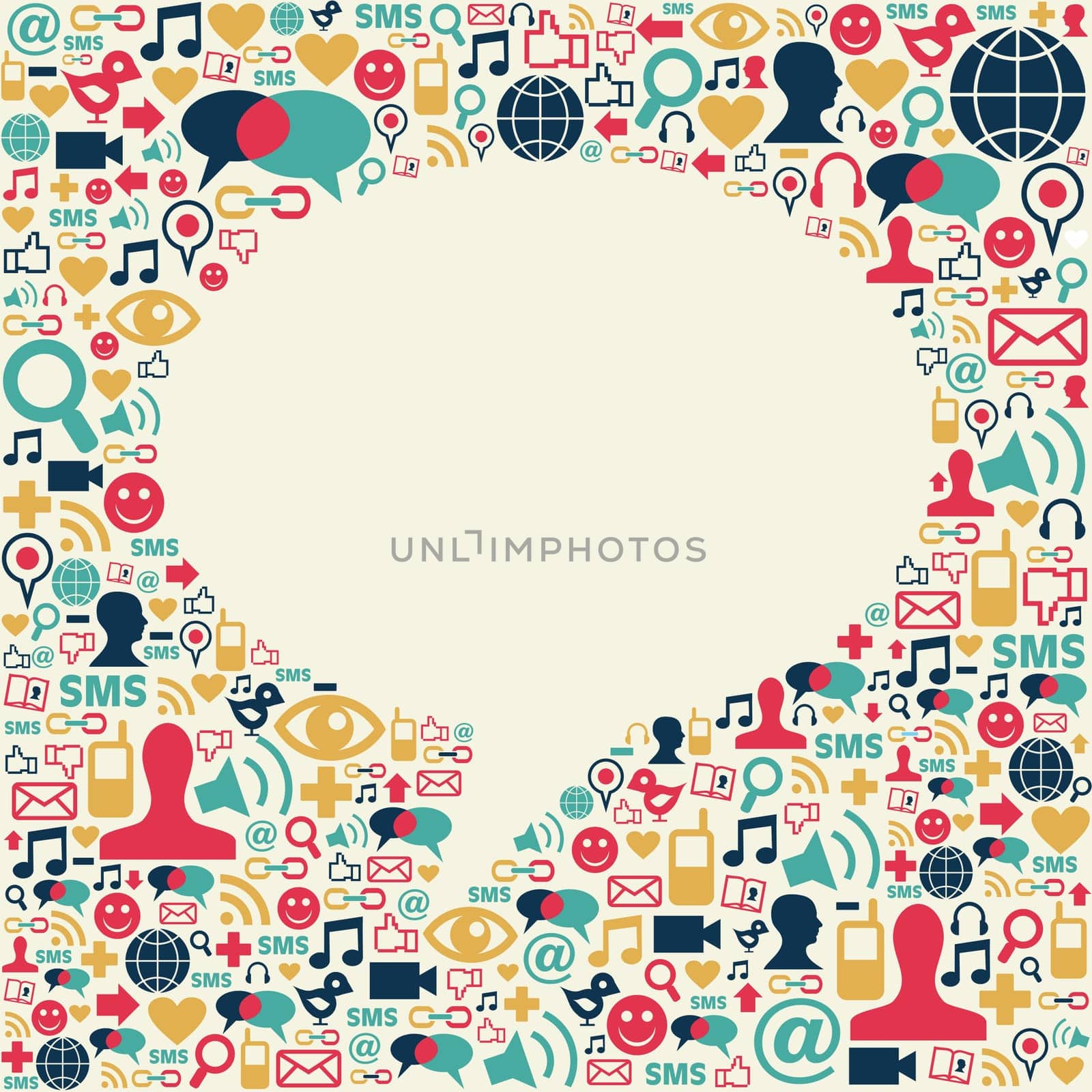 Social media icons texture in talk bubble shape composition background. Vector file available.