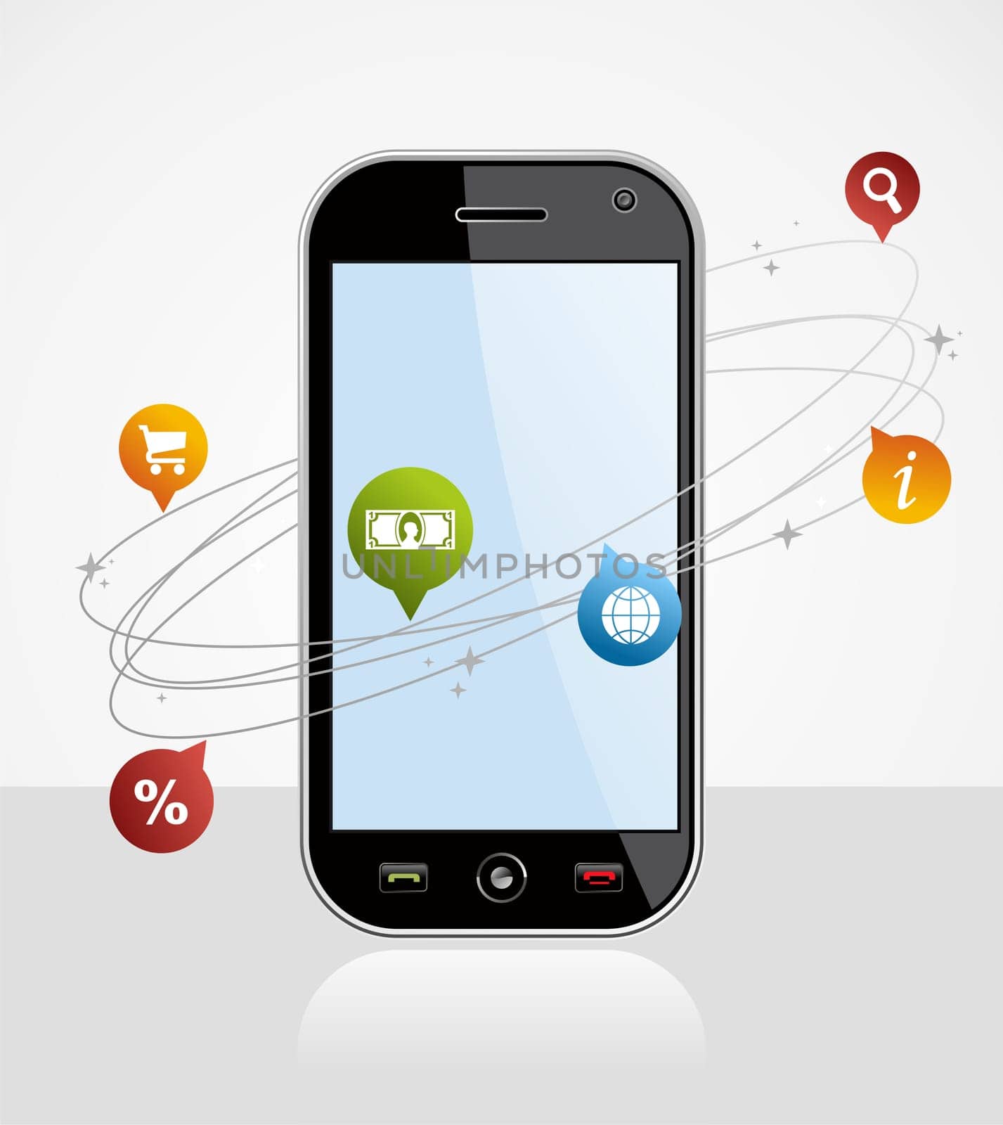 Black smartphone with app over white background. EPS 8 vector, cleanly built with no open shapes or strokes. Grouped and ordered in layers for easy editing.