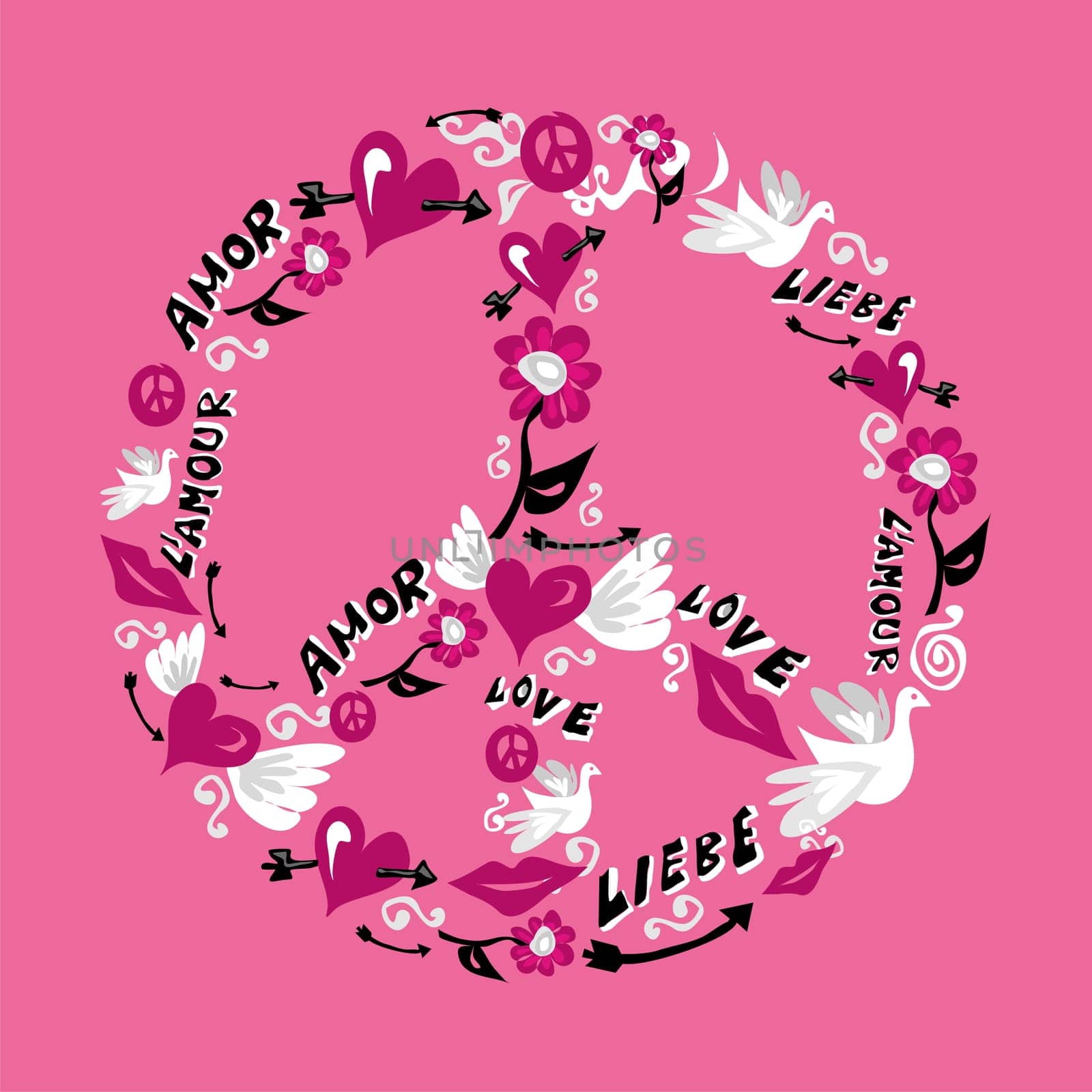 Symbol of peace made with icons of love over pink background. Vector file available.