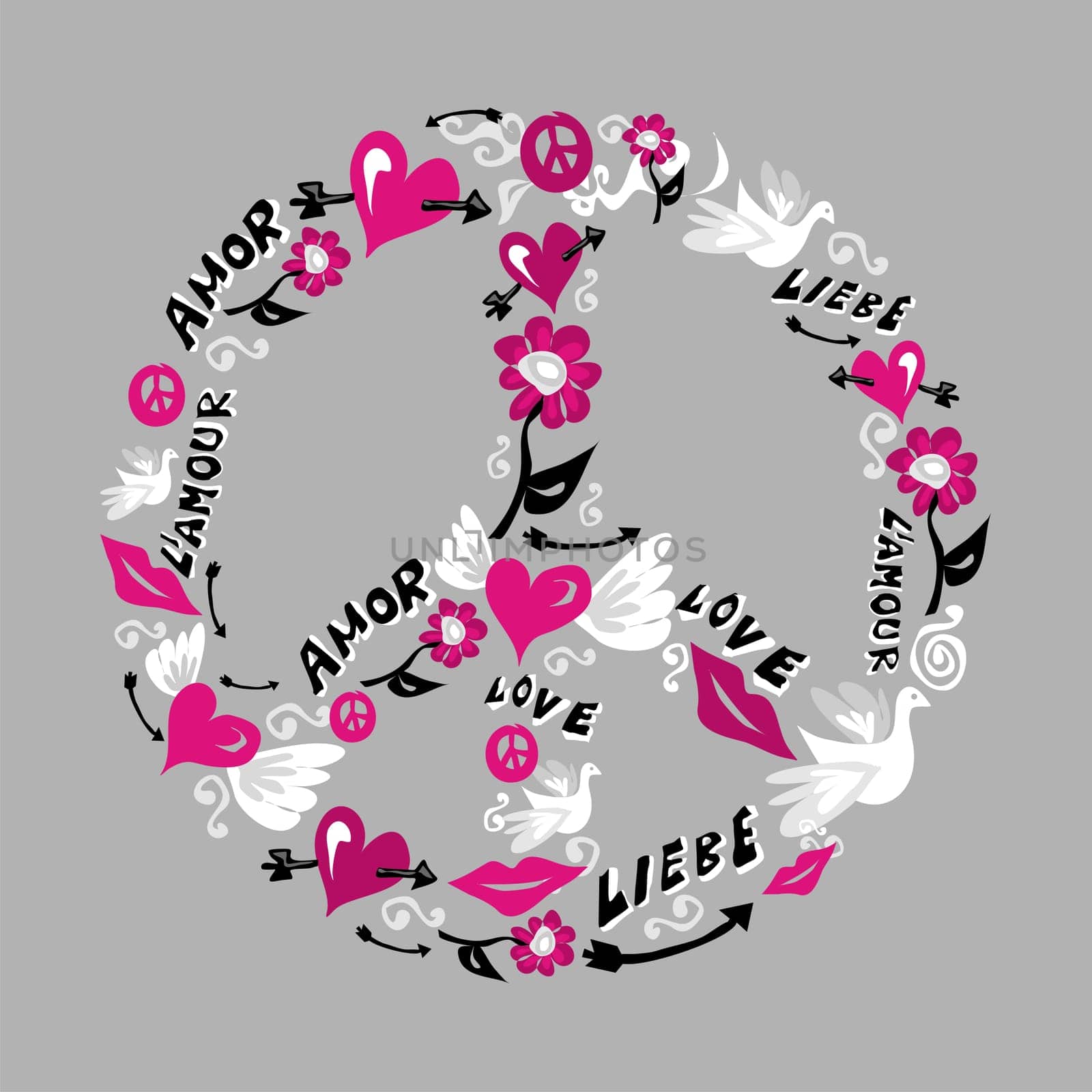 Symbol of peace and love made with icons of love over grey background. Vector file available.