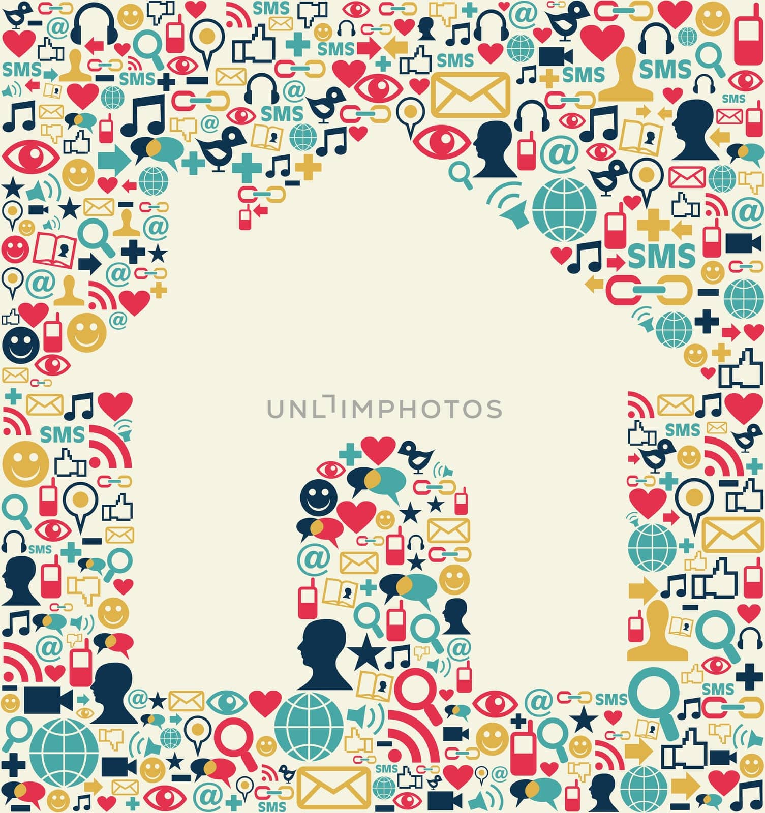 Social media icons set texture with house shape composition background.