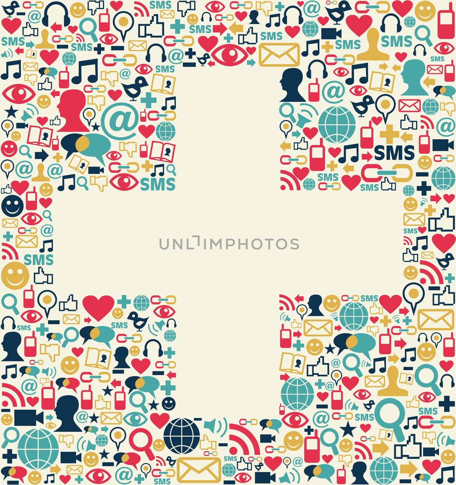 Social media icons set texture in plus sign shape composition background.
