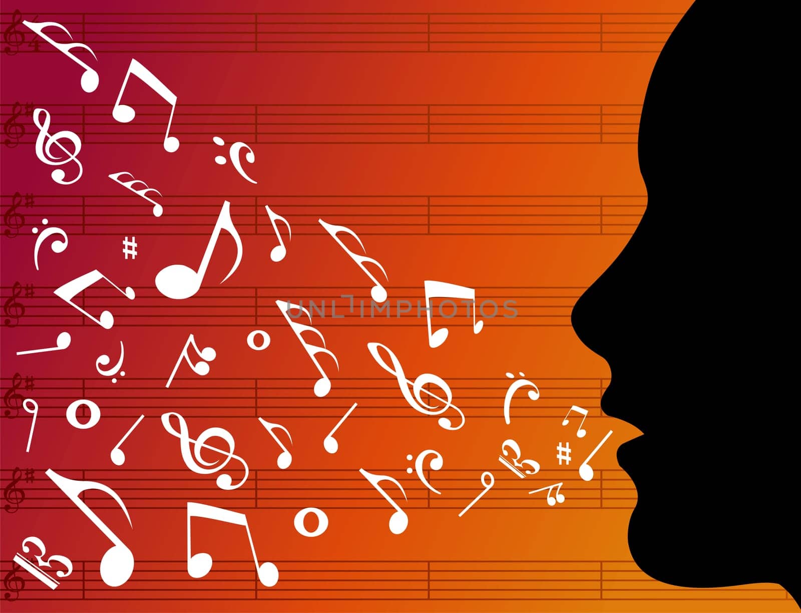 Woman head silhouette with music notes splashes from her mouth over orange background. Vector file available.
