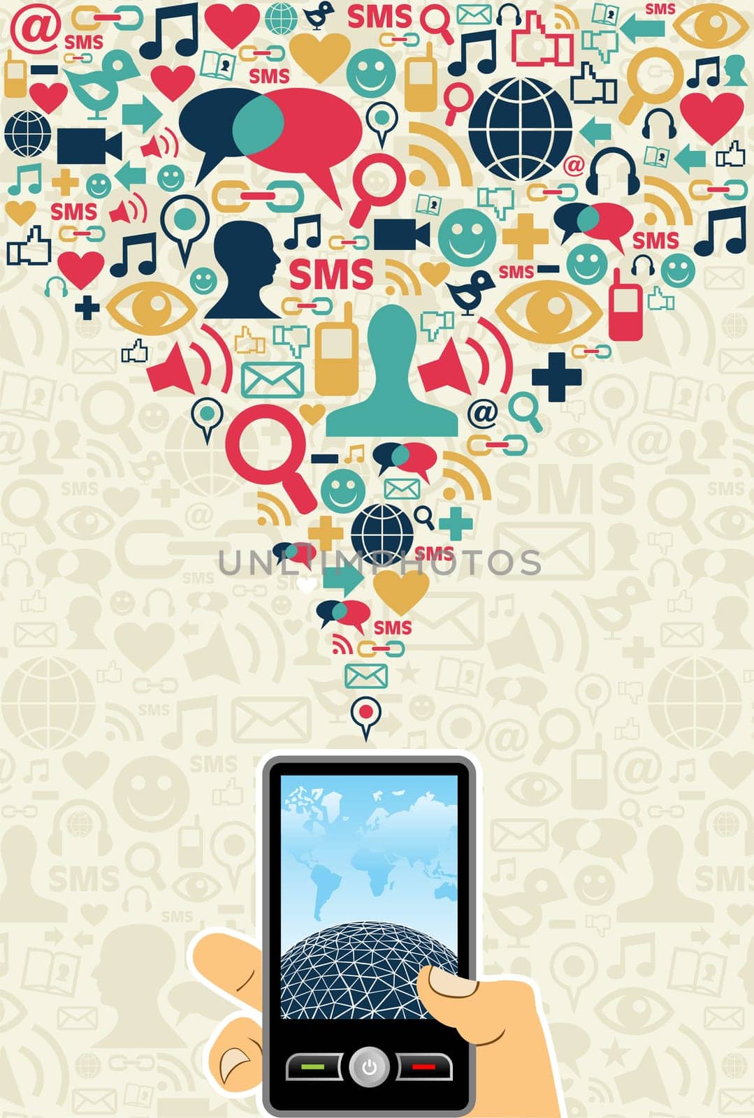 Hand holding a cell phone under social media icons on light background Vector file available.