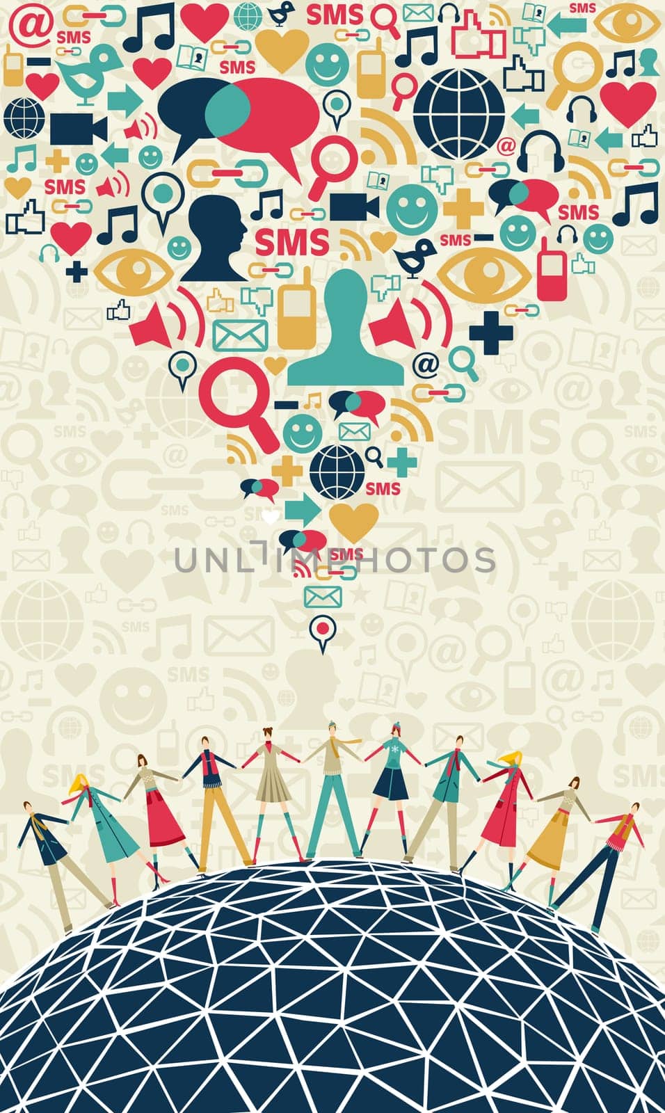 Social media network connection concept, with colors social icons texture, on light background. Vector file available