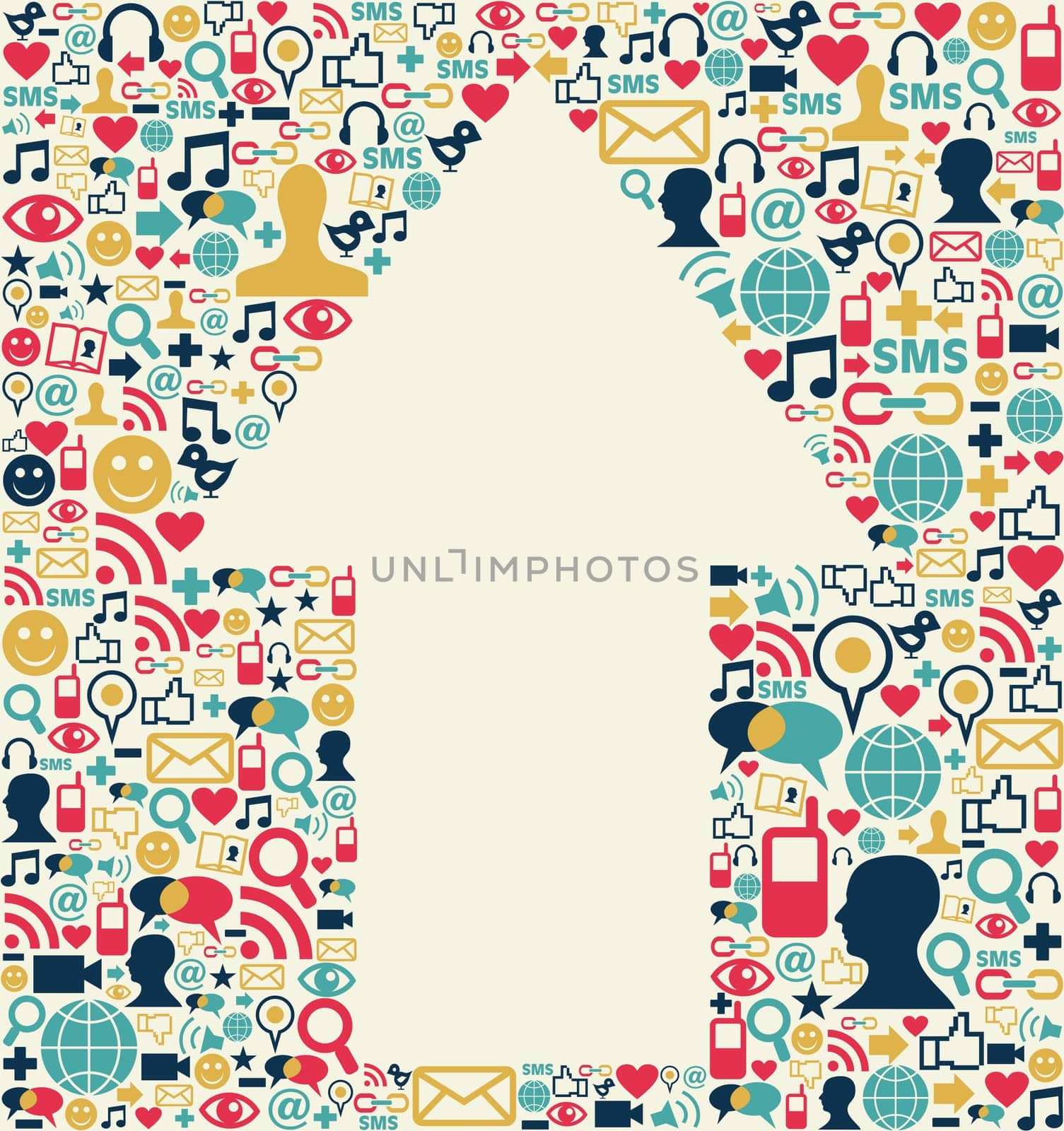 Social media icons set texture with arrow shape composition background.