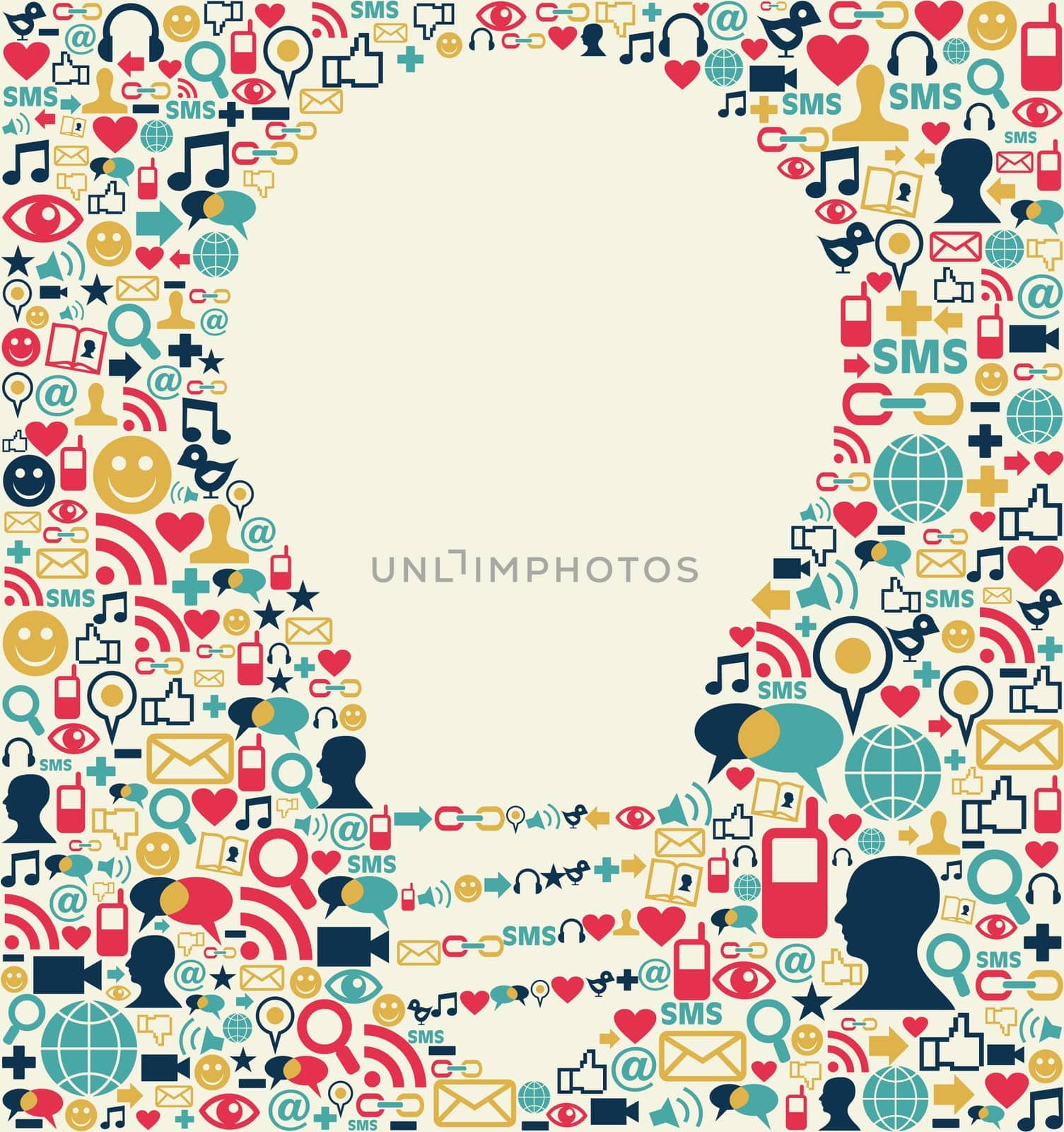 Social media icons texture with lamp shape composition background.