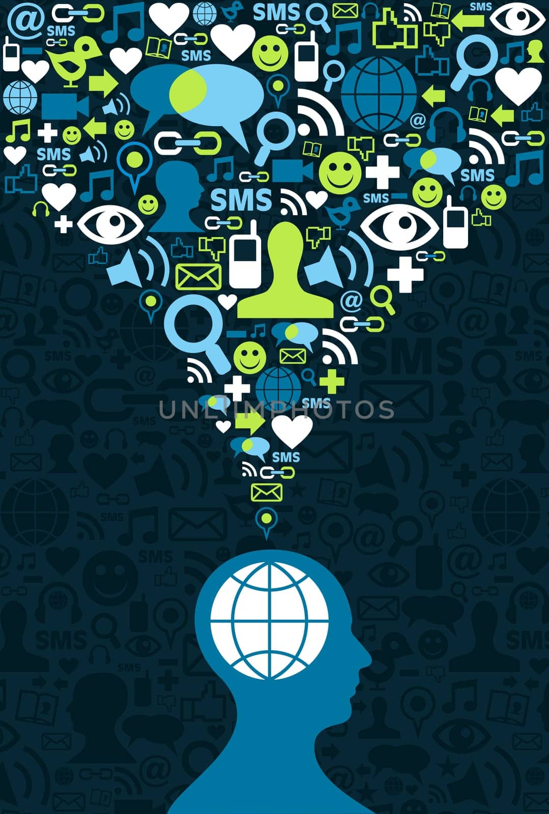 Single man figure conceptual social media communication splash with icon set. Illustration vector background file available.