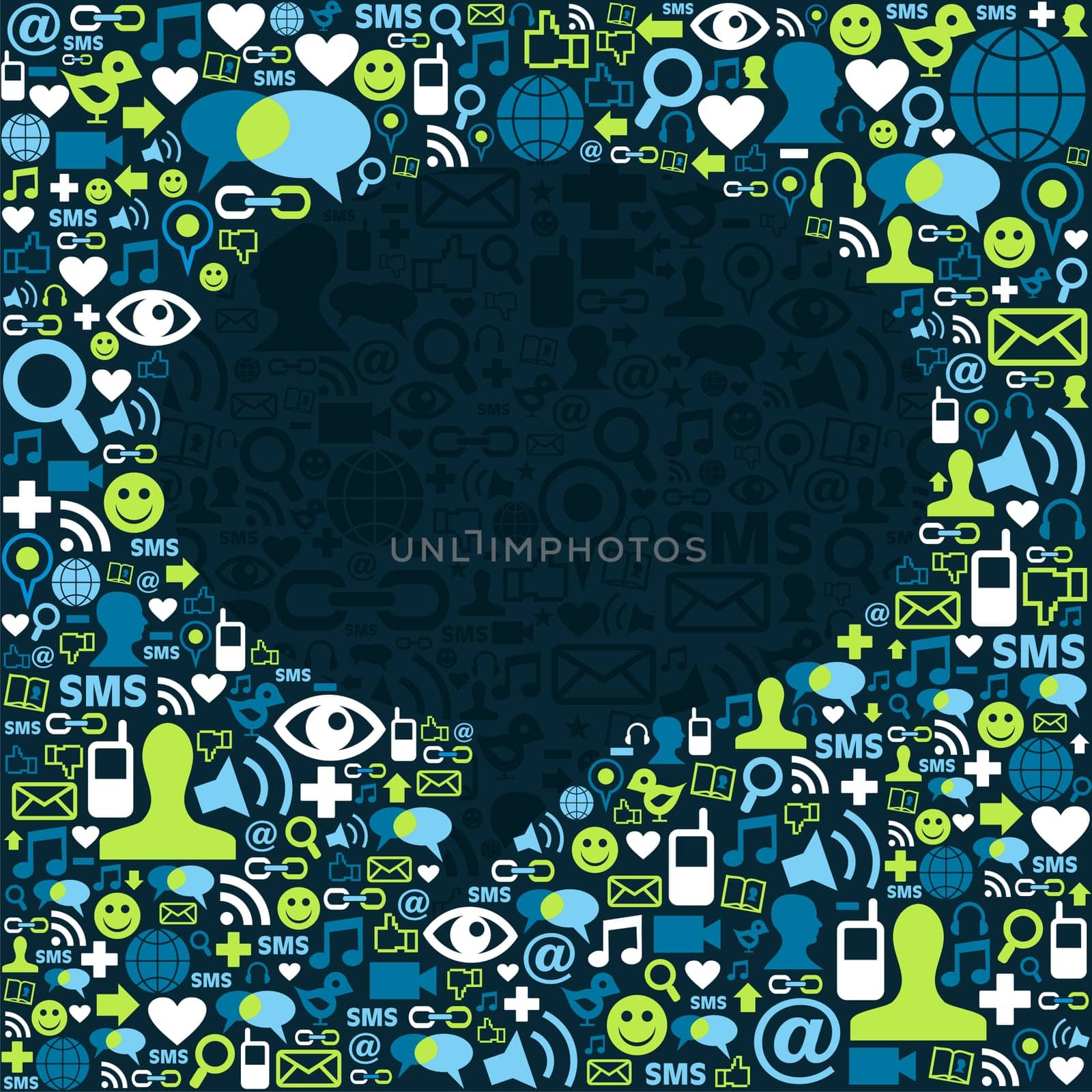 Social media icons texture in talk bubble shape composition background. Vector file available.