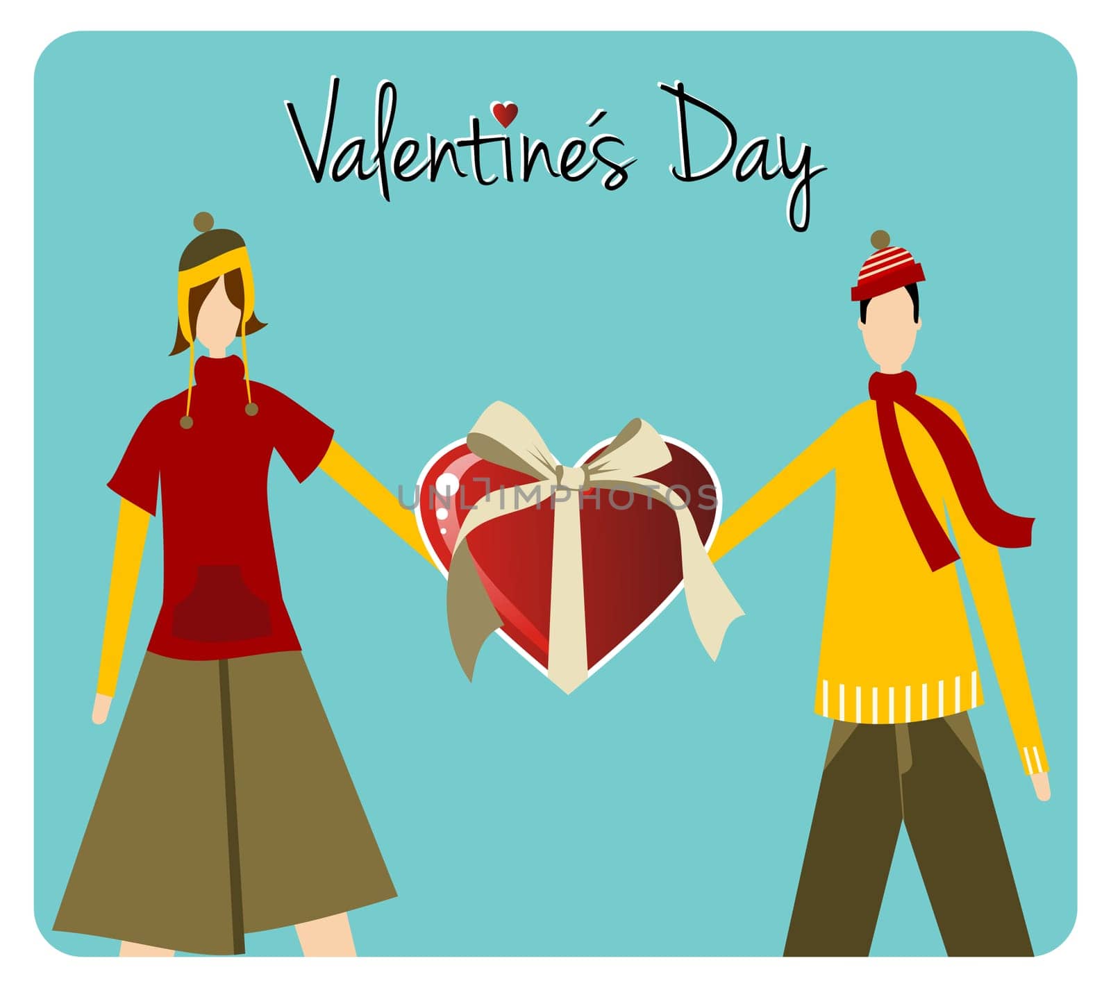 Happy Valentines day greeting card background: young couple holds a heart likes shape gift. Vector file available.