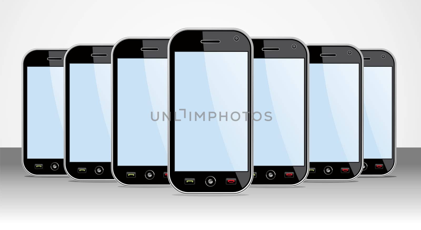 Set of generic black smartphones templates on black background. You can place your own images on the screens. EPS 8 vector, cleanly built with no open shapes or strokes. Grouped and ordered in layers for easy editing.