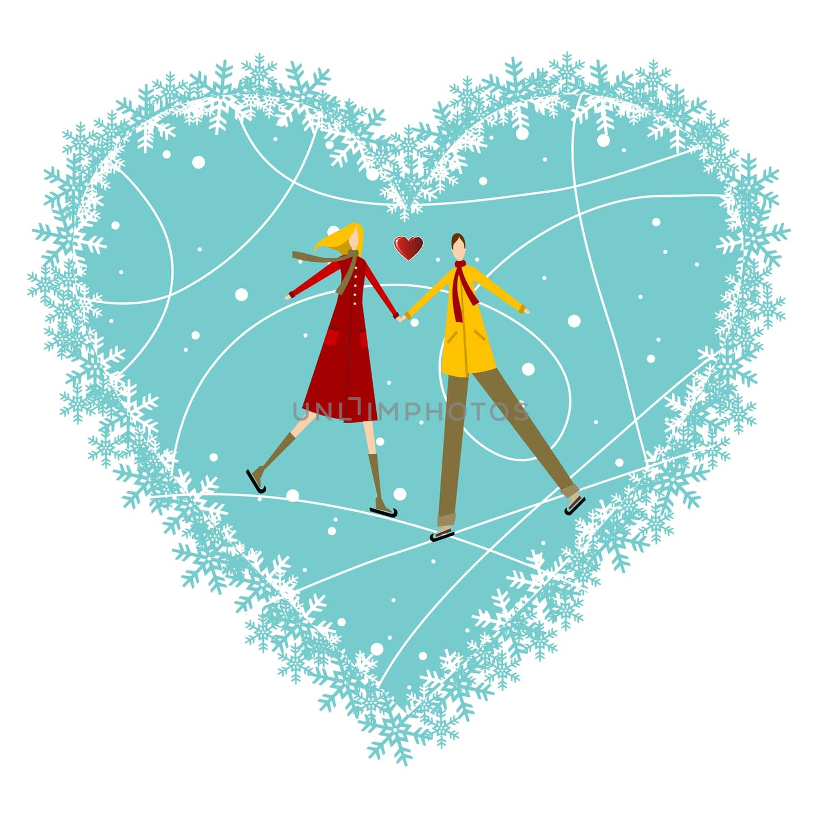 Happy valentines day greeting card background: young couple in winte clothes taked hands with heart likes shape behind. Vector file available.