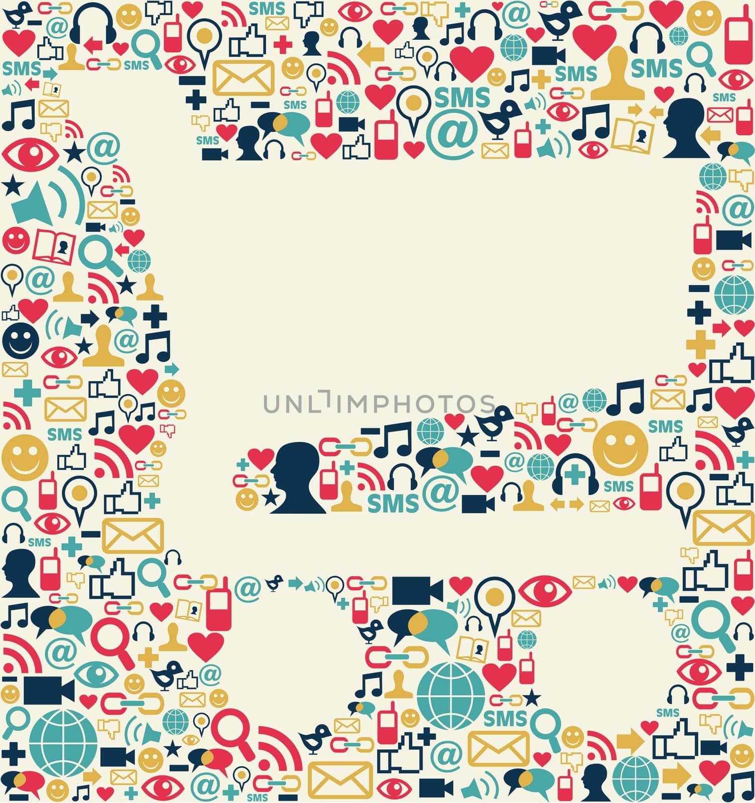 Social media icons texture with shopping cart shape composition background.