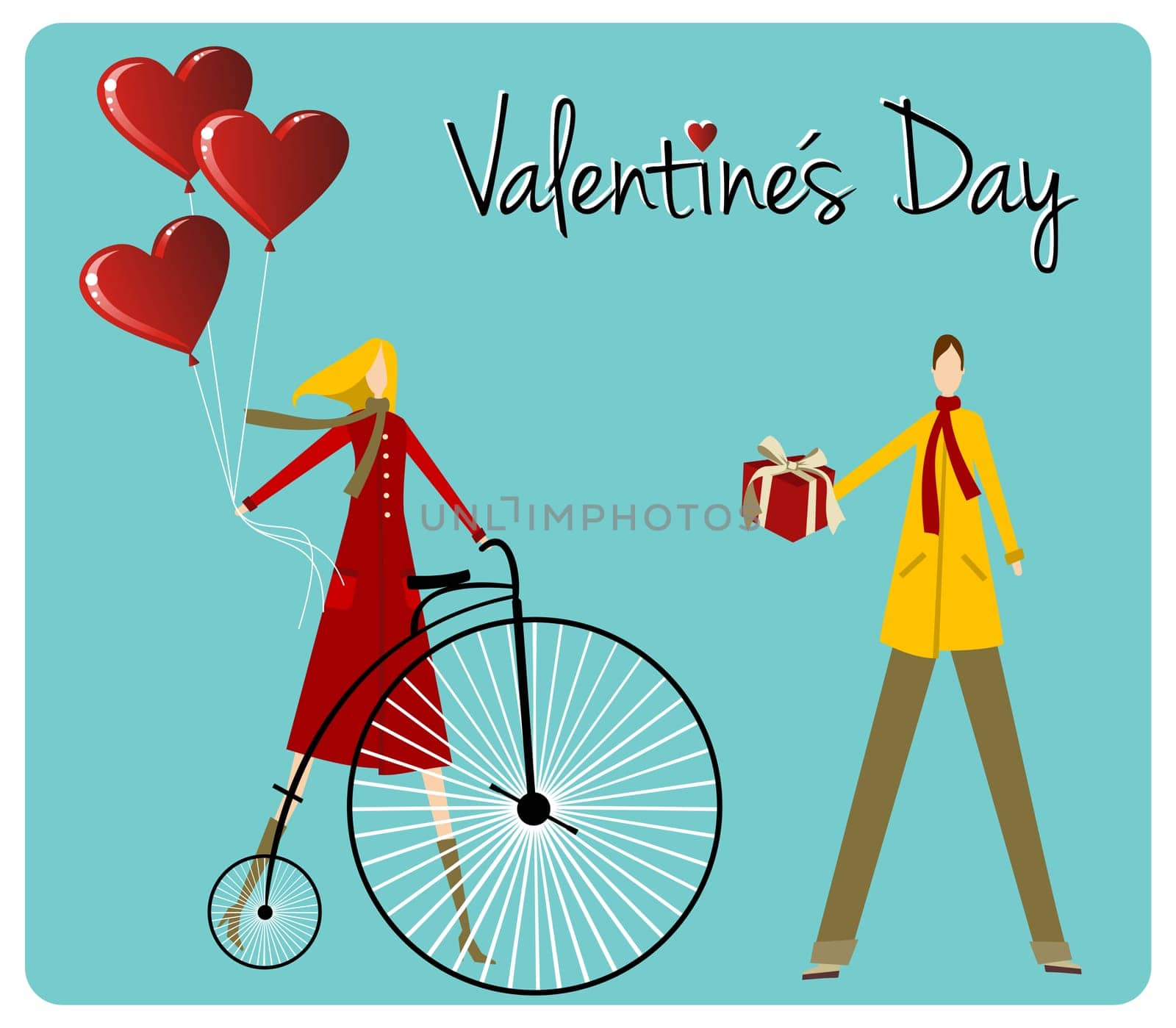 Valentines day greeting card background: Couple with vintage bike and heart shape balloons. Vector file available.