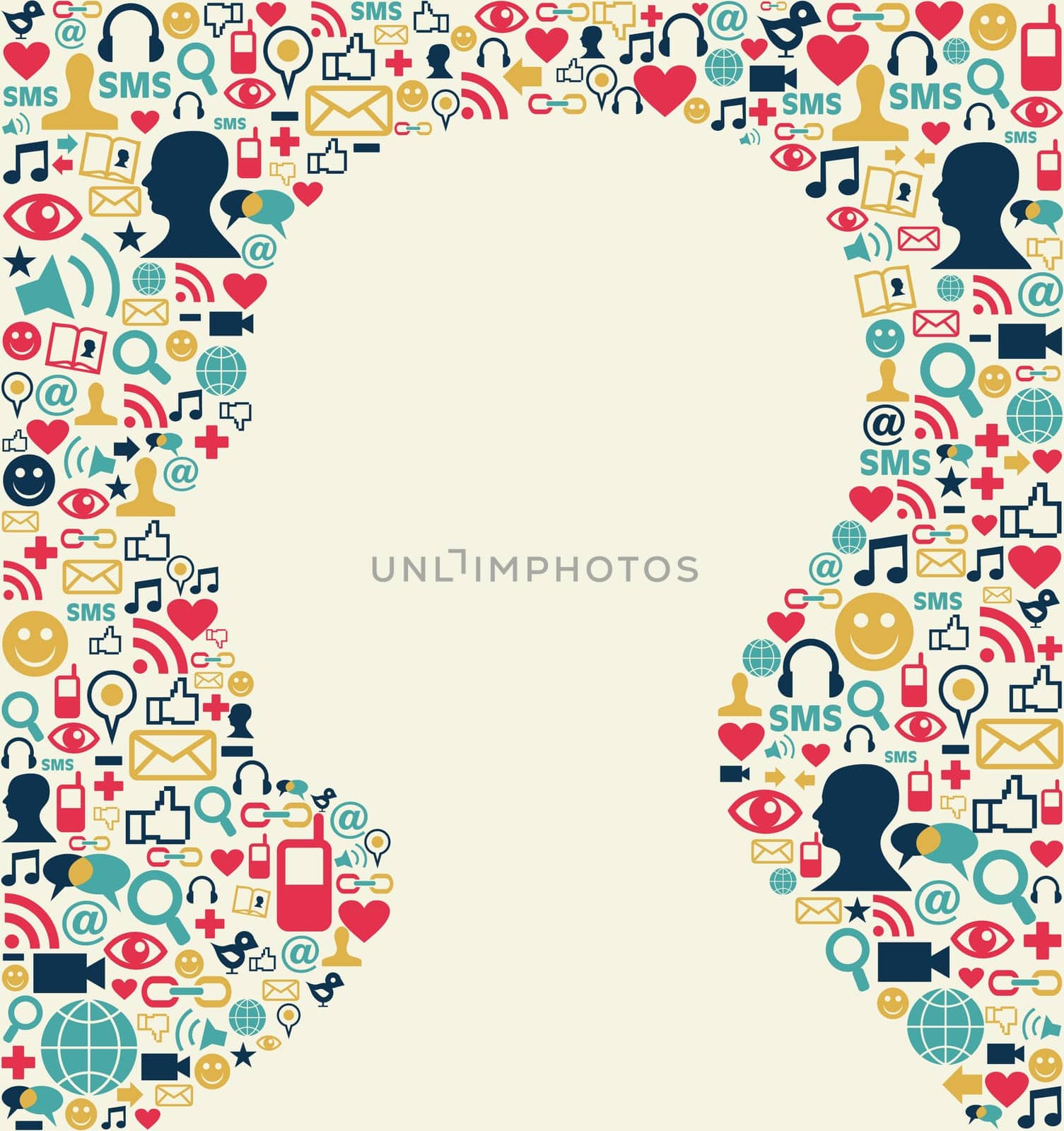 Social media icons texture background with man head silhouette shape. Vector file available.