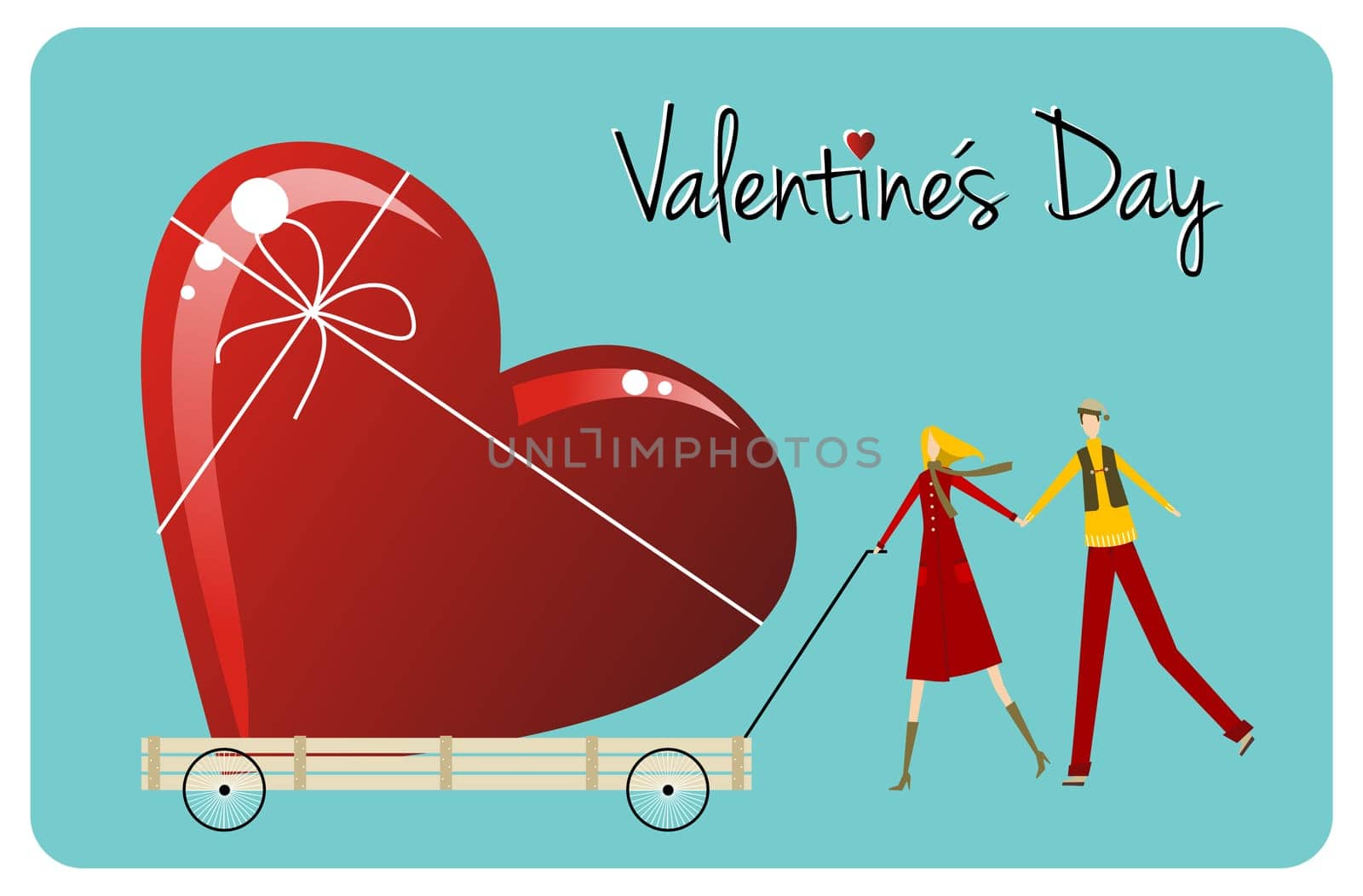 Happy Valentines day greeting card background: young couple carry a heart likes shape gift. Vector file available.