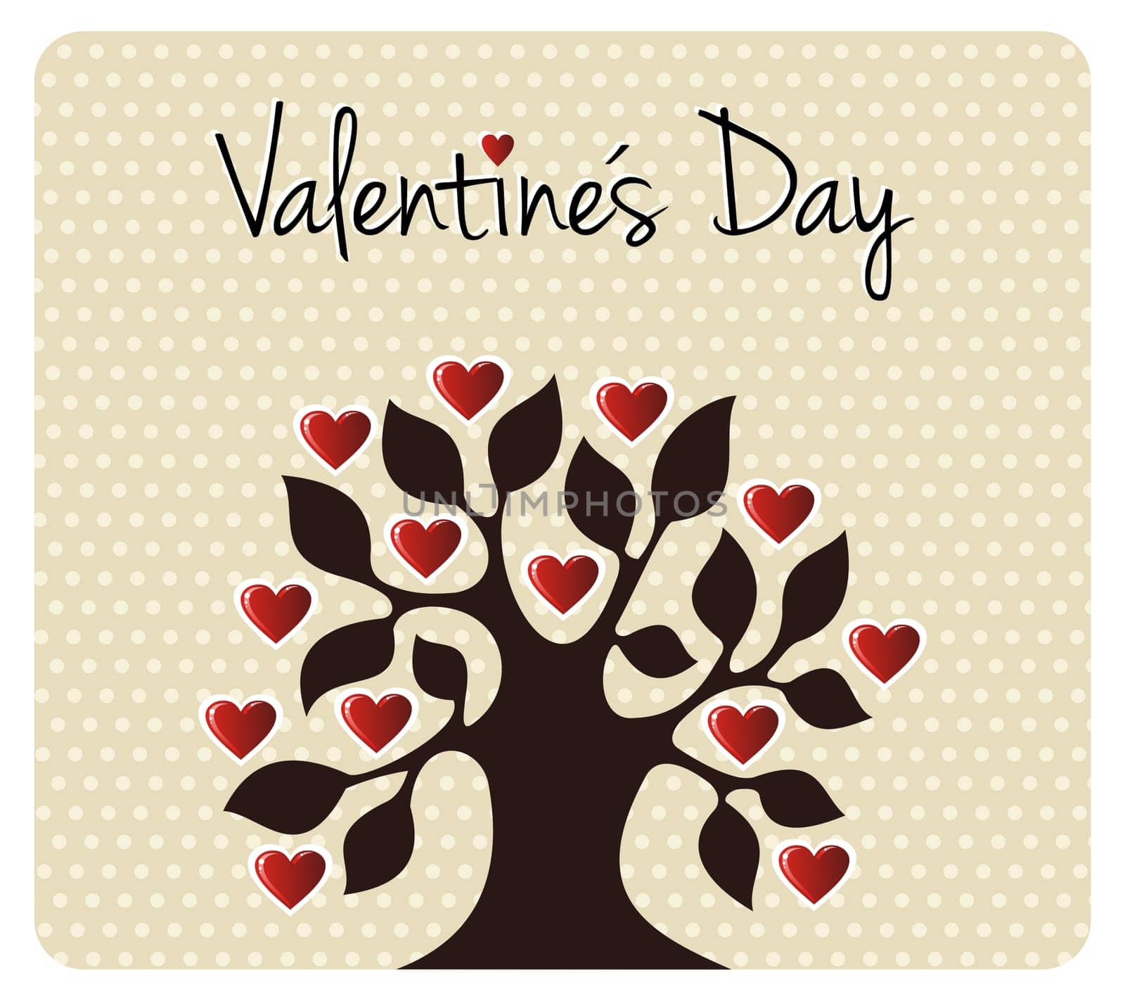Tree silhouette with heart leaves shapes. Postcard background for Valentines day. Vector file available.