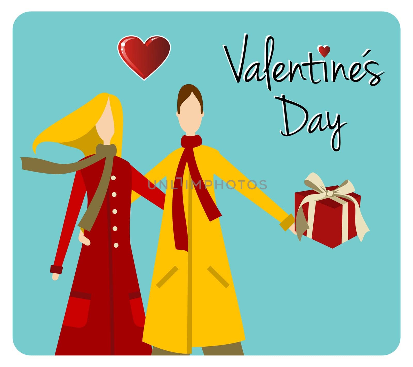 Happy valentines day greeting card background: young couple embraced with heart and gift. Vector file available.