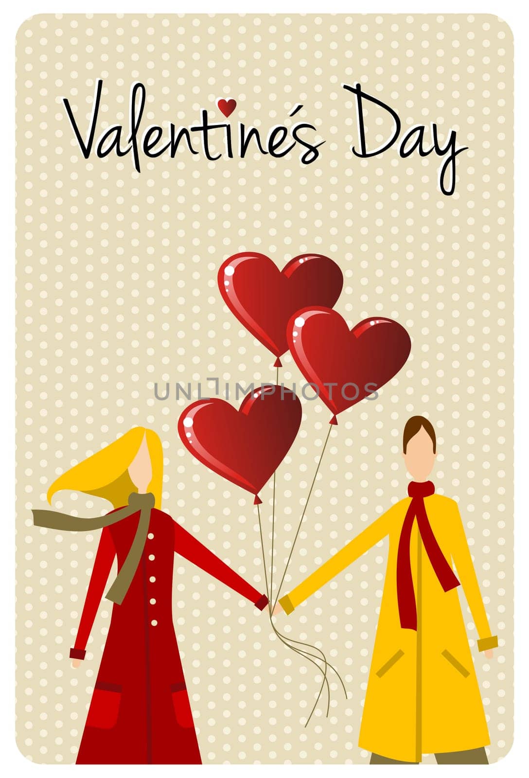 Happy valentines day greeting card background: young couple taked hands with heart likes shape balloons. Vector file available.