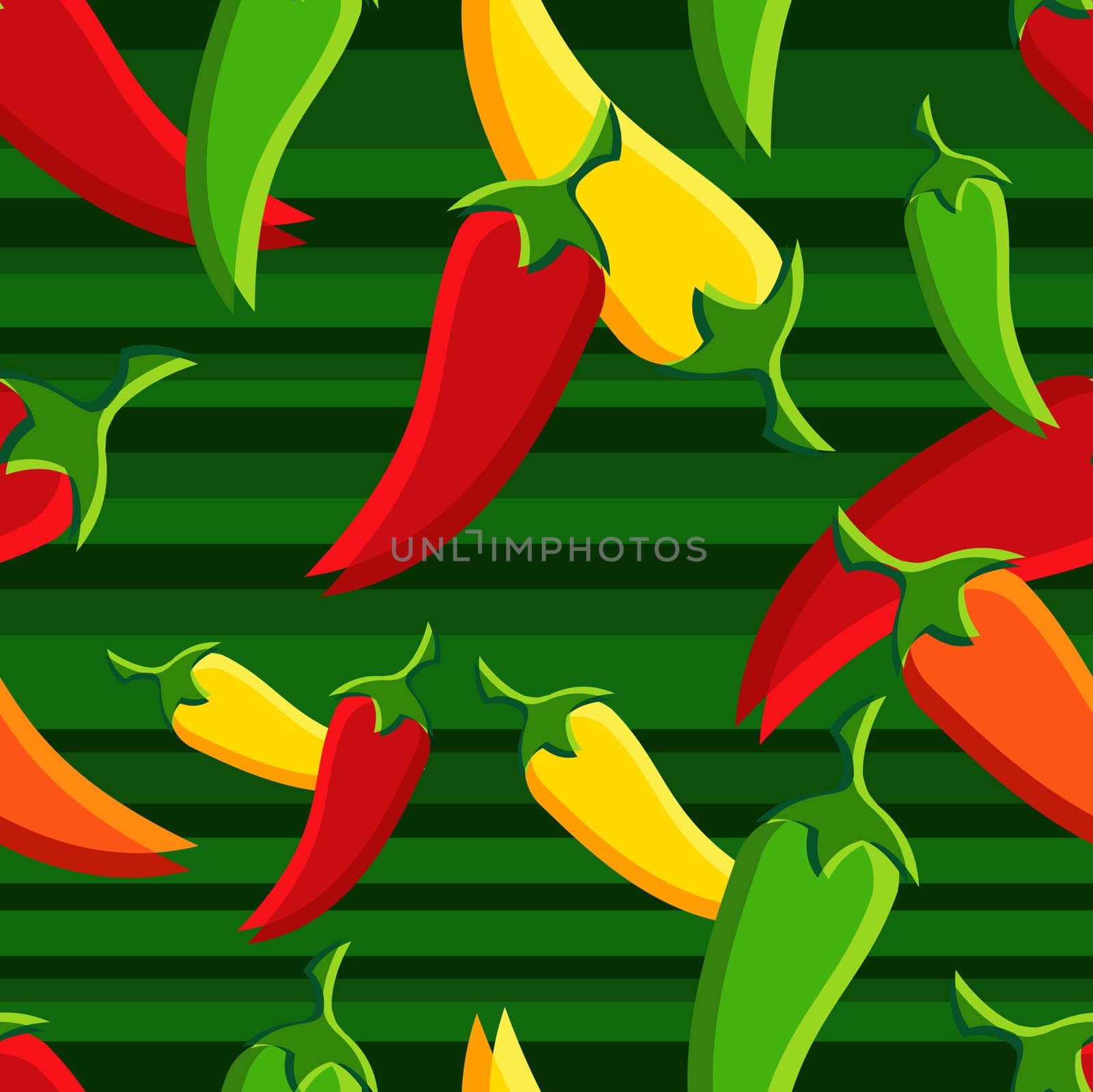 Seamless chilli peppers pattern with green stripe background