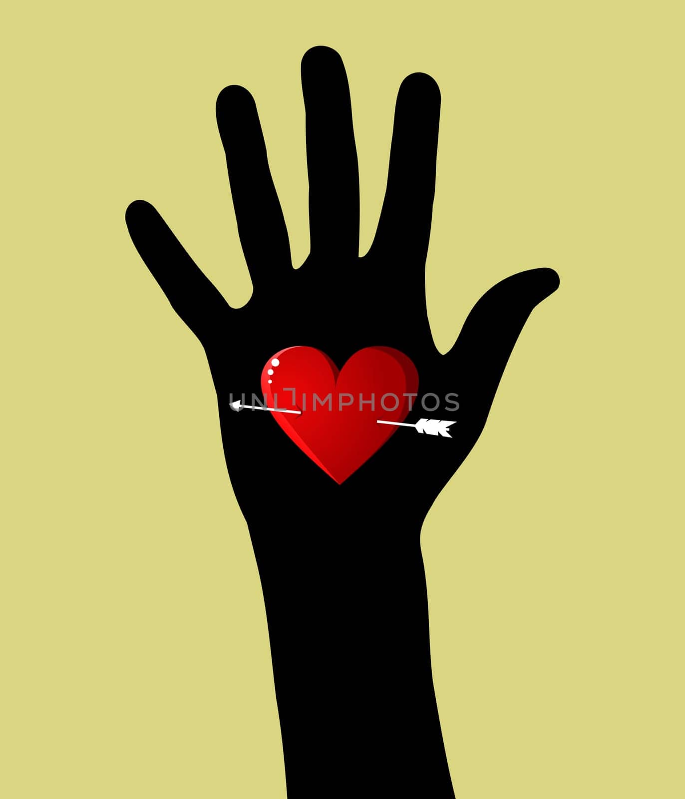 Hand silhouette with heart and arrow Valentines day background. Vector file available.