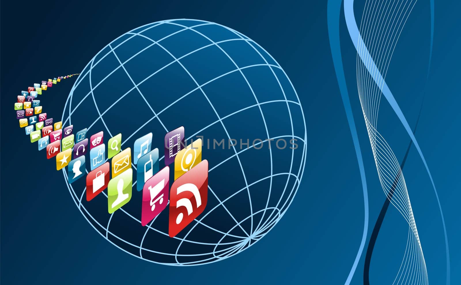 Smartphone application icons arrownd the world  on blue background. Vector file layered for easy manipulation and customisation.