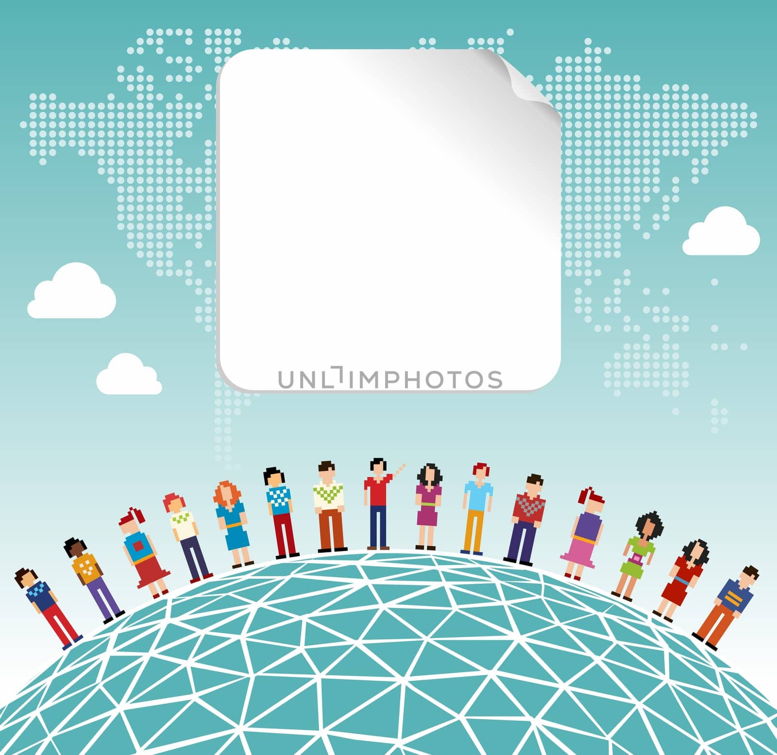 Social media network connection concept with empty label and World map background. Vector file layered for easy manipulation and customisation.