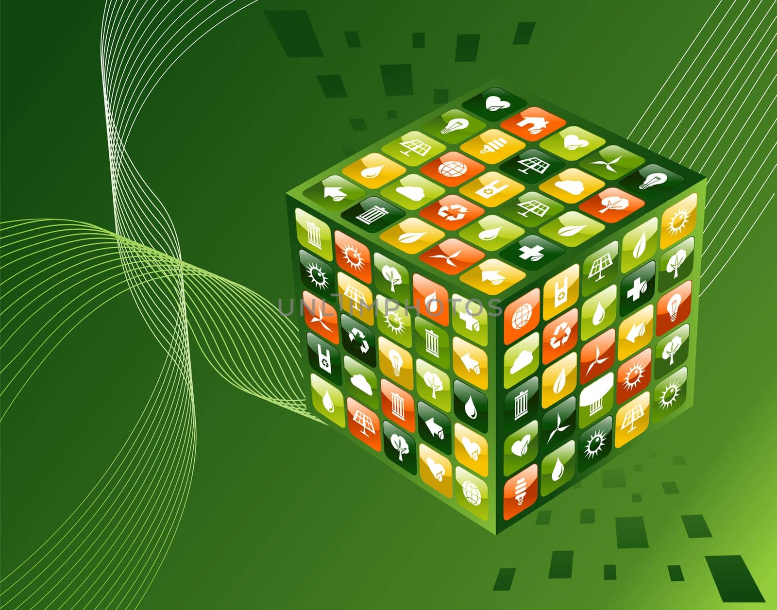 Eco friendly iphone app cube with icon set background. Vector file available.