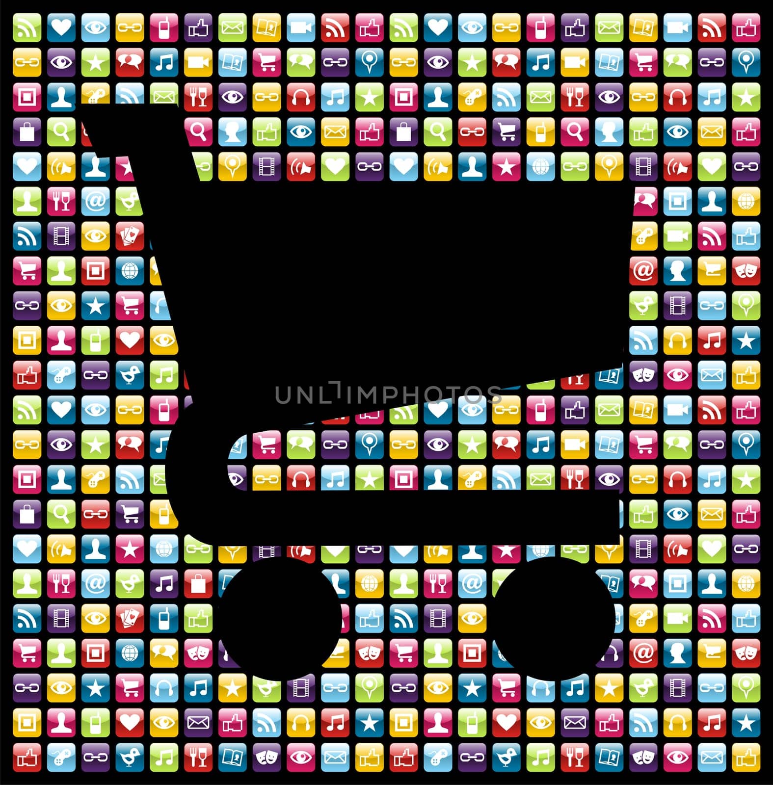 Shopping cart shape over iphone application software icons background. Vector file layered for easy manipulation and customisation.