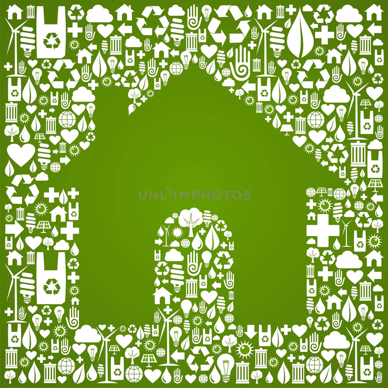 Green house symbol over environment icons background. Vector file available.