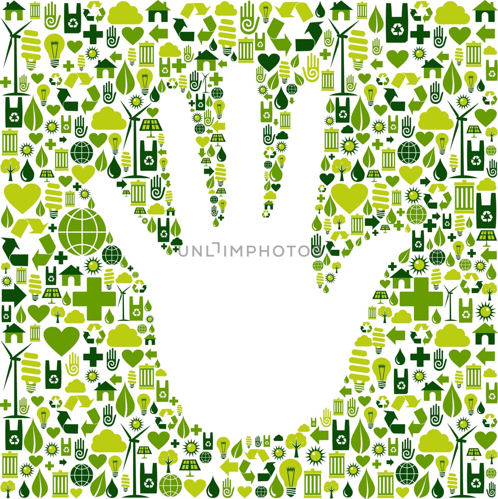 Eco environment icons set background in human hand shape. Vector file available.