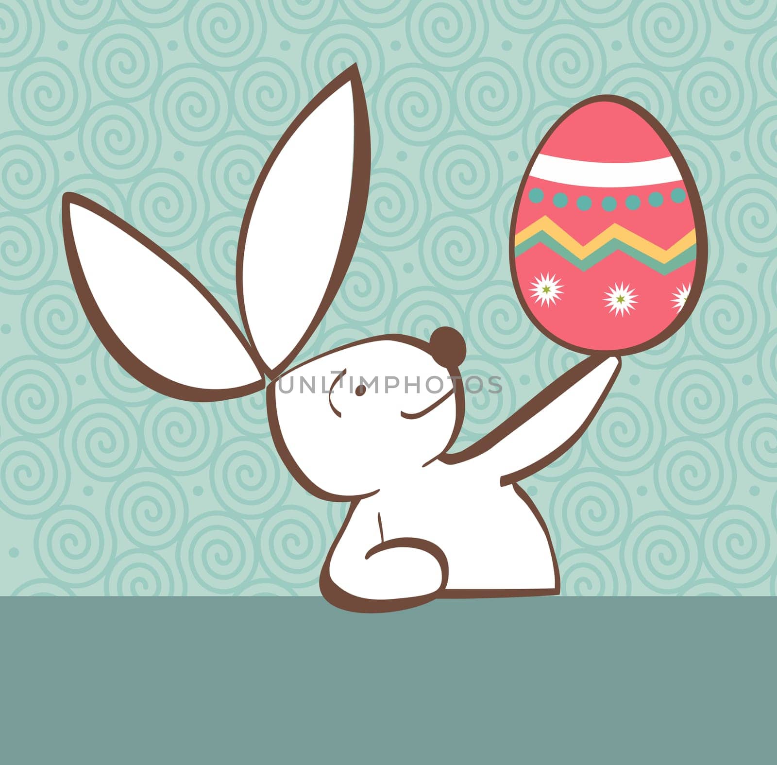 One Easter bunny with painted Easter egg in the hand on pastel green background. Vector file layered for easy manipulation and custom coloring.