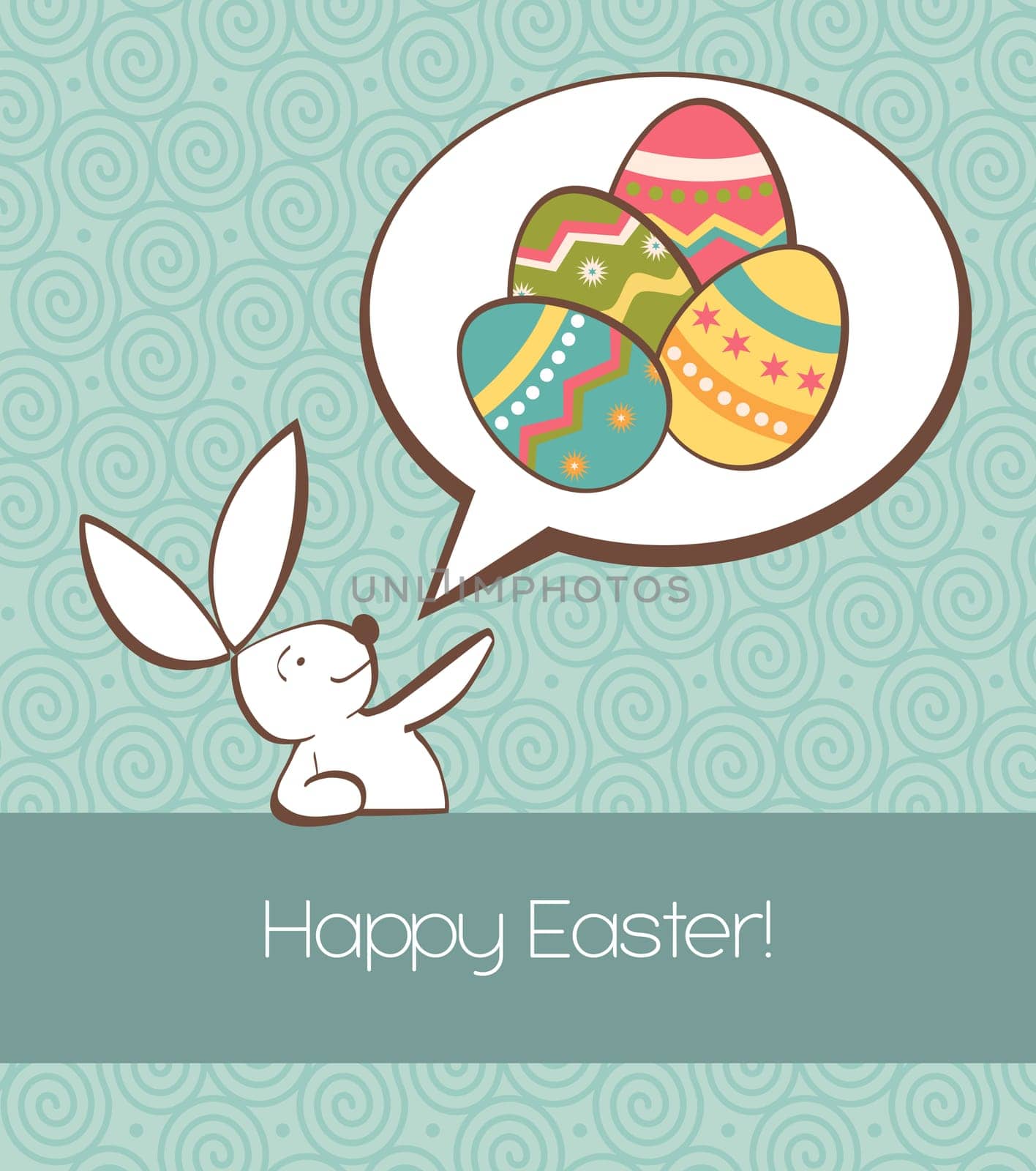 One Easter bunny with painted eggs in a social speech dialogue bubble in pastel colors.Vector file layered for easy manipulation and custom coloring.