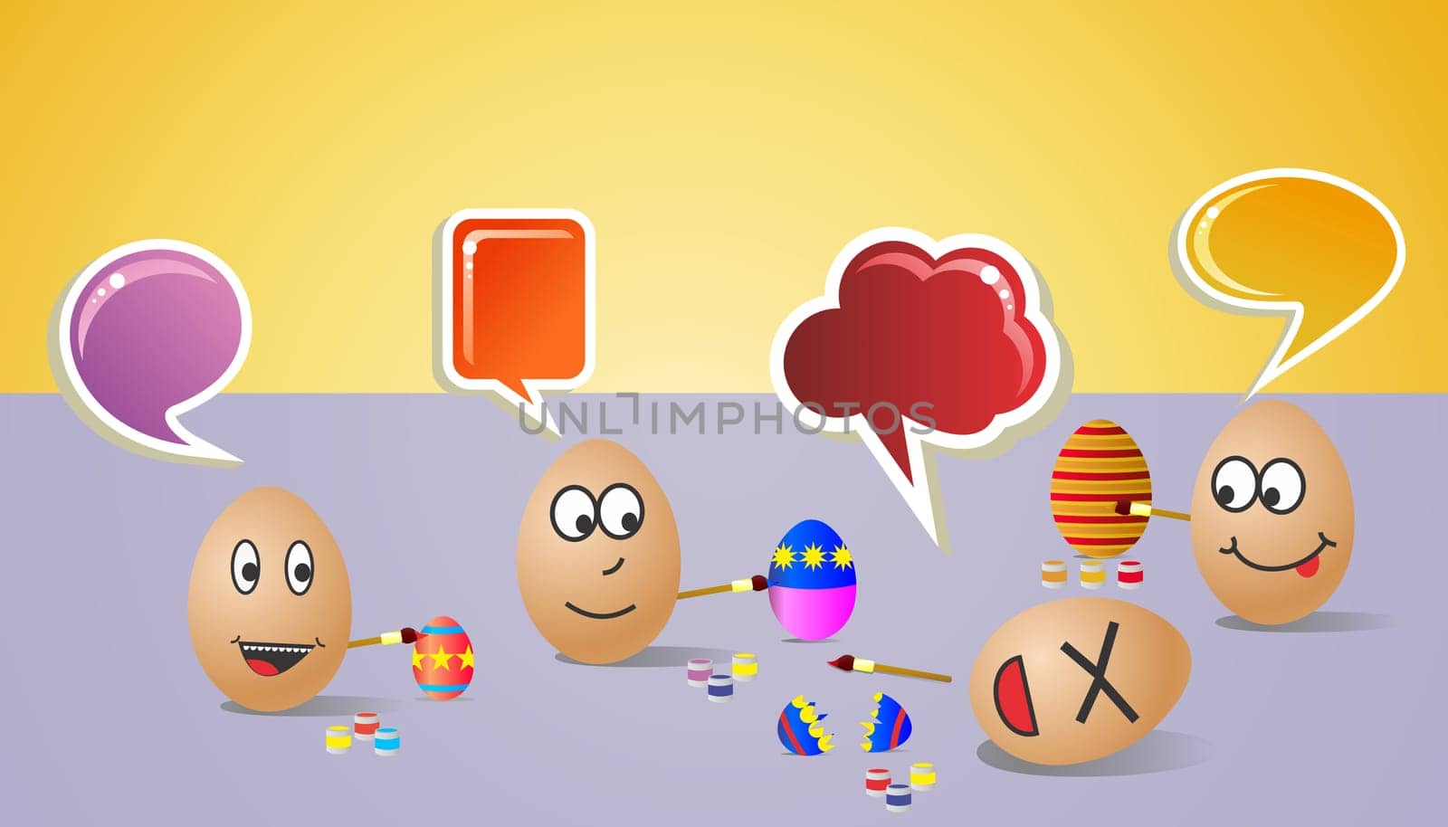 Funny illustration about happy painters eggs for Easter with colorful social dialogue bubble. Vector file layered for easy manipulation and customisation.