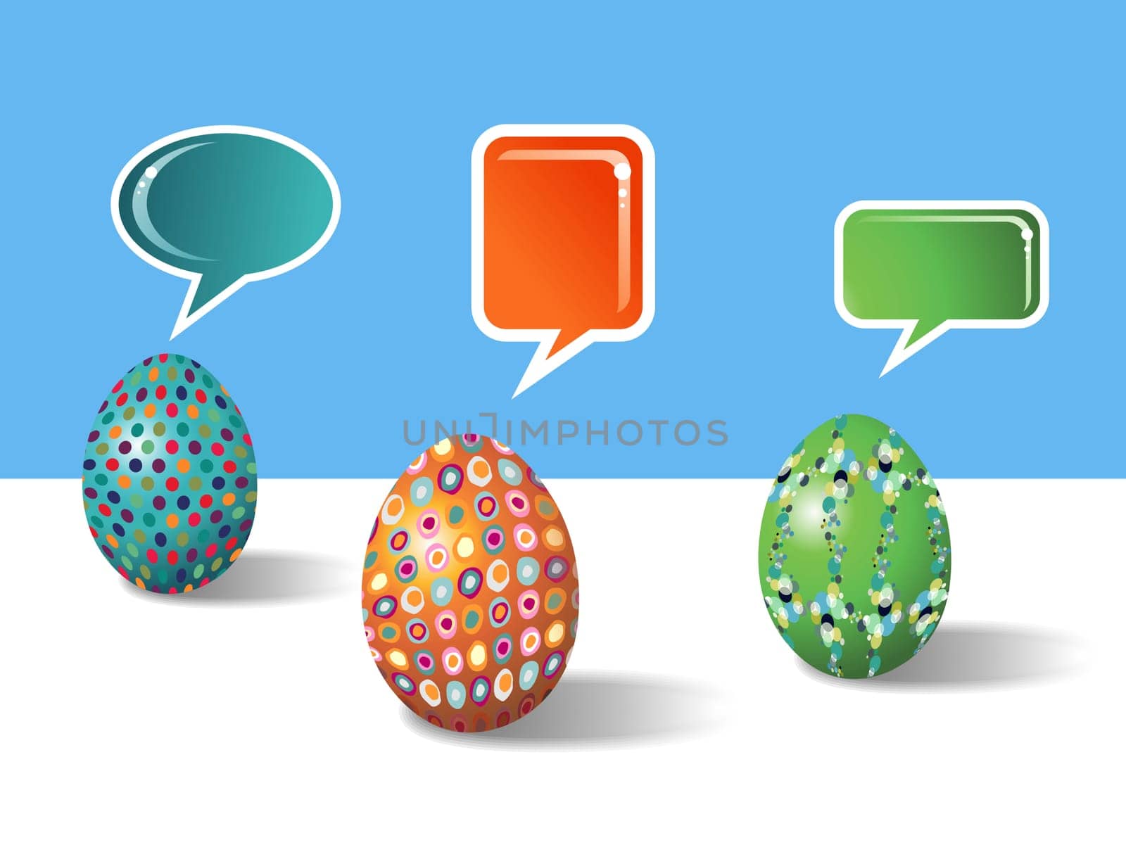 Decorative 3d social media eggs communication over white and blue background. Vector file layered for easy manipulation and customisation.