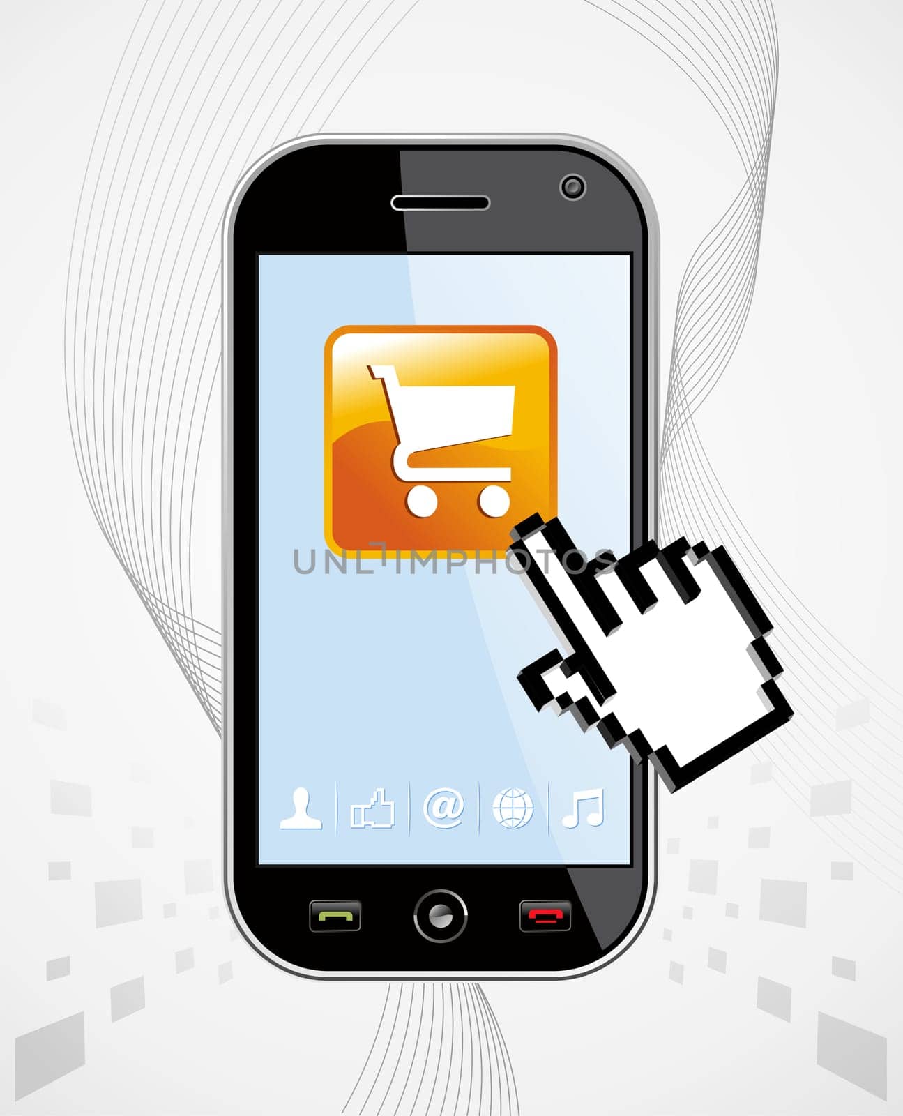 Generic black smartphone with buy app and hand cursor on white background useful for mobile applications presentation. EPS 8 vector, cleanly built with no open shapes or strokes. Grouped and ordered in layers for easy editing.