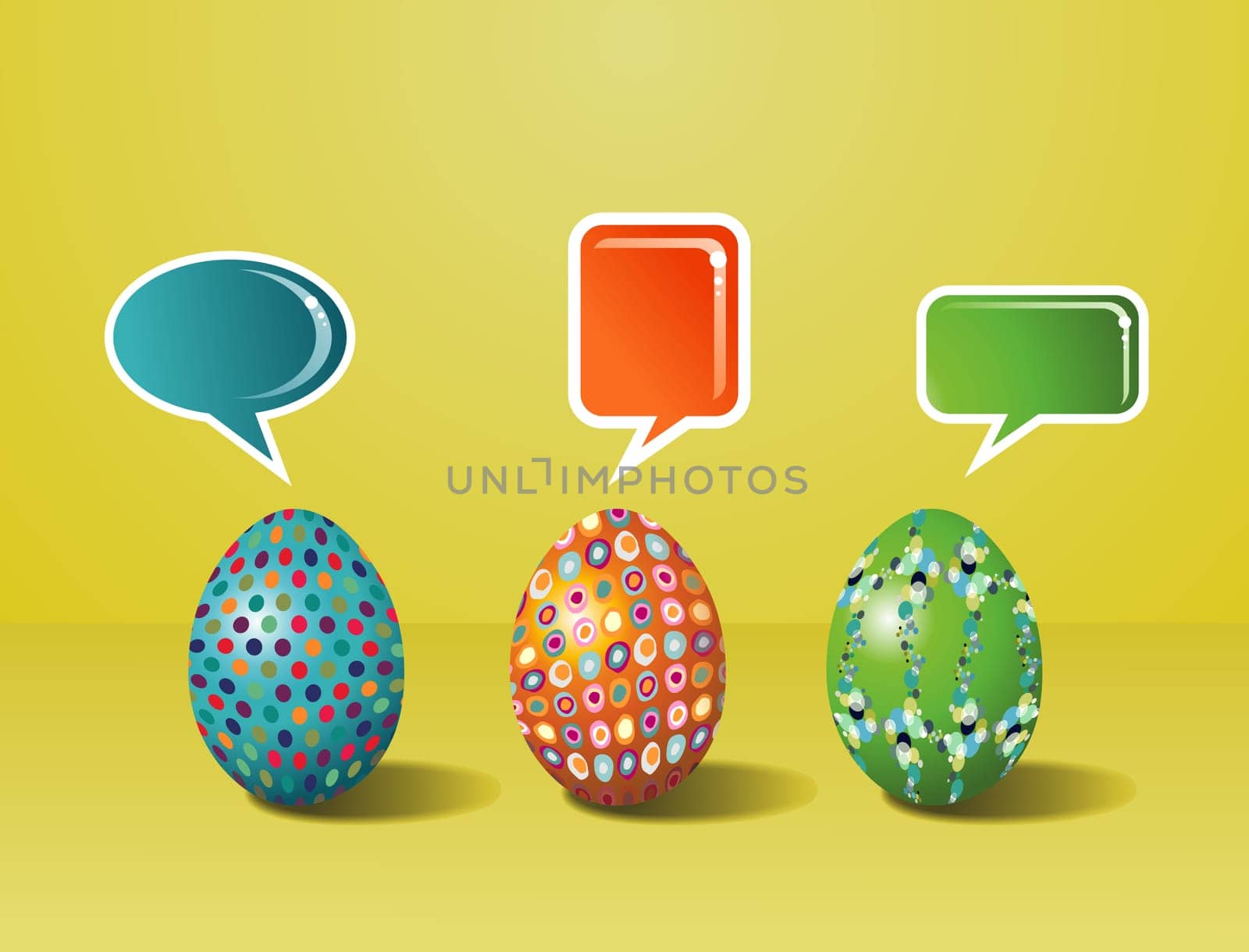Communicative social media eggs decorated for Happy Easter on yellow background. Vector file layered for easy manipulation and customisation.