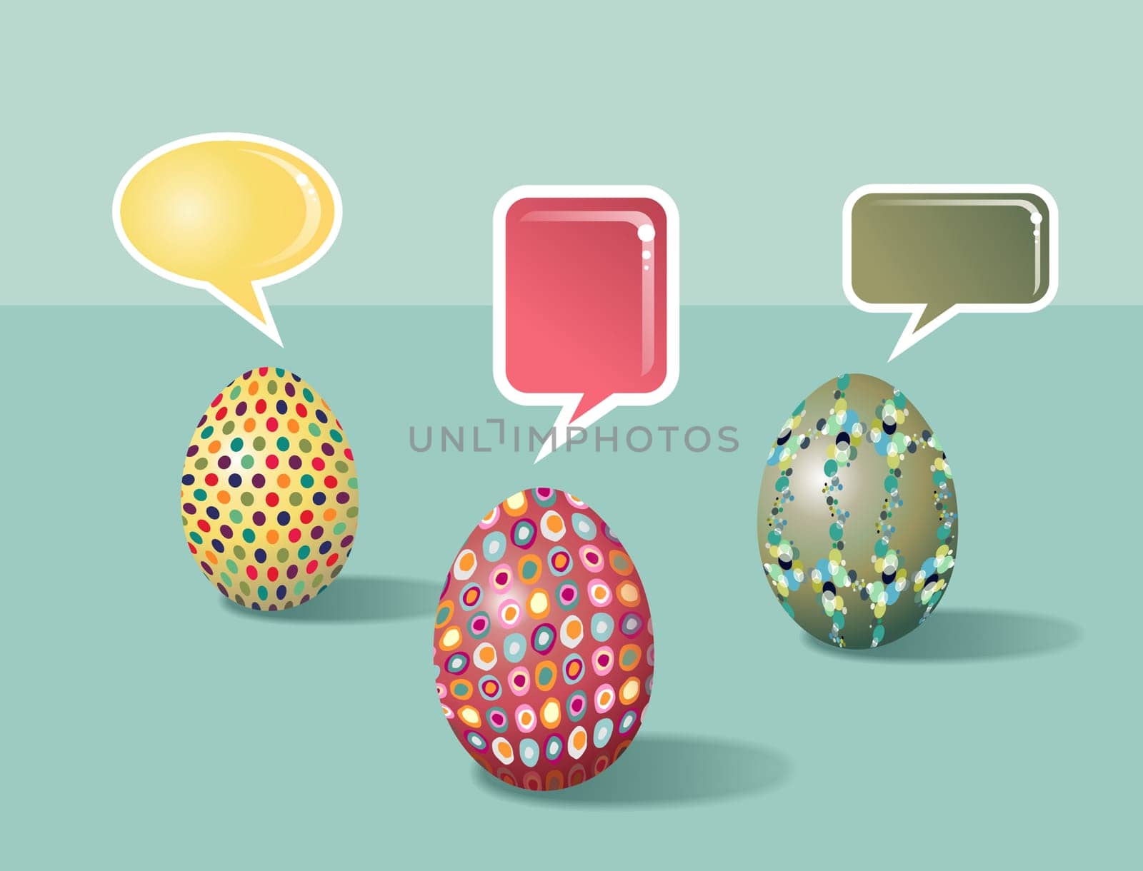 Social media talking eggs set decorated for Happy Easter with colorful dialogue bubbles on pastel colors background. Vector file layered for easy manipulation and customisation.