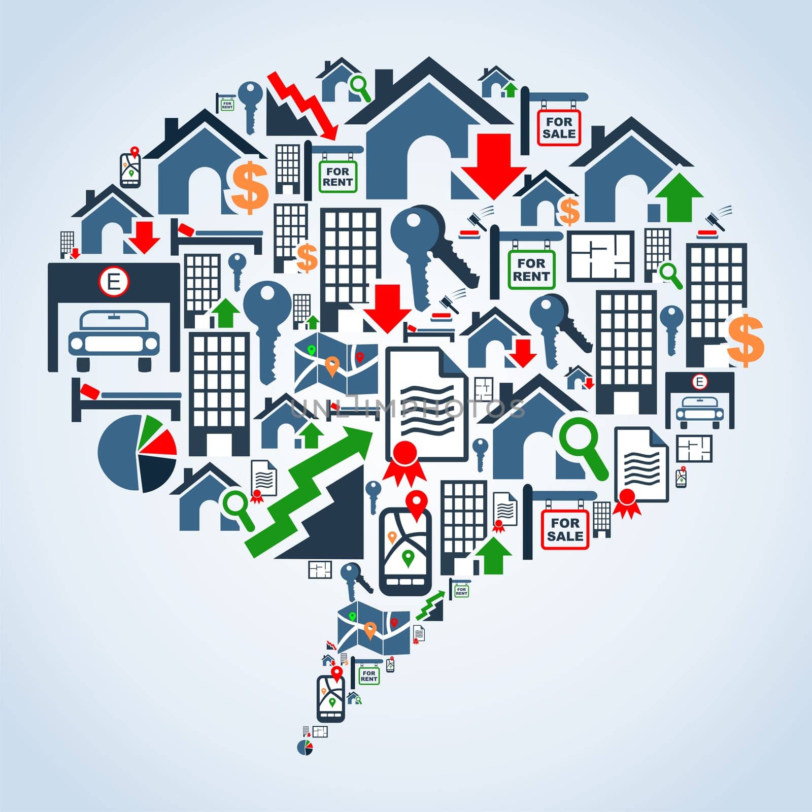 Real estate icon set in social media bubble shape background illustration. Vector file layered for easy manipulation and custom coloring.