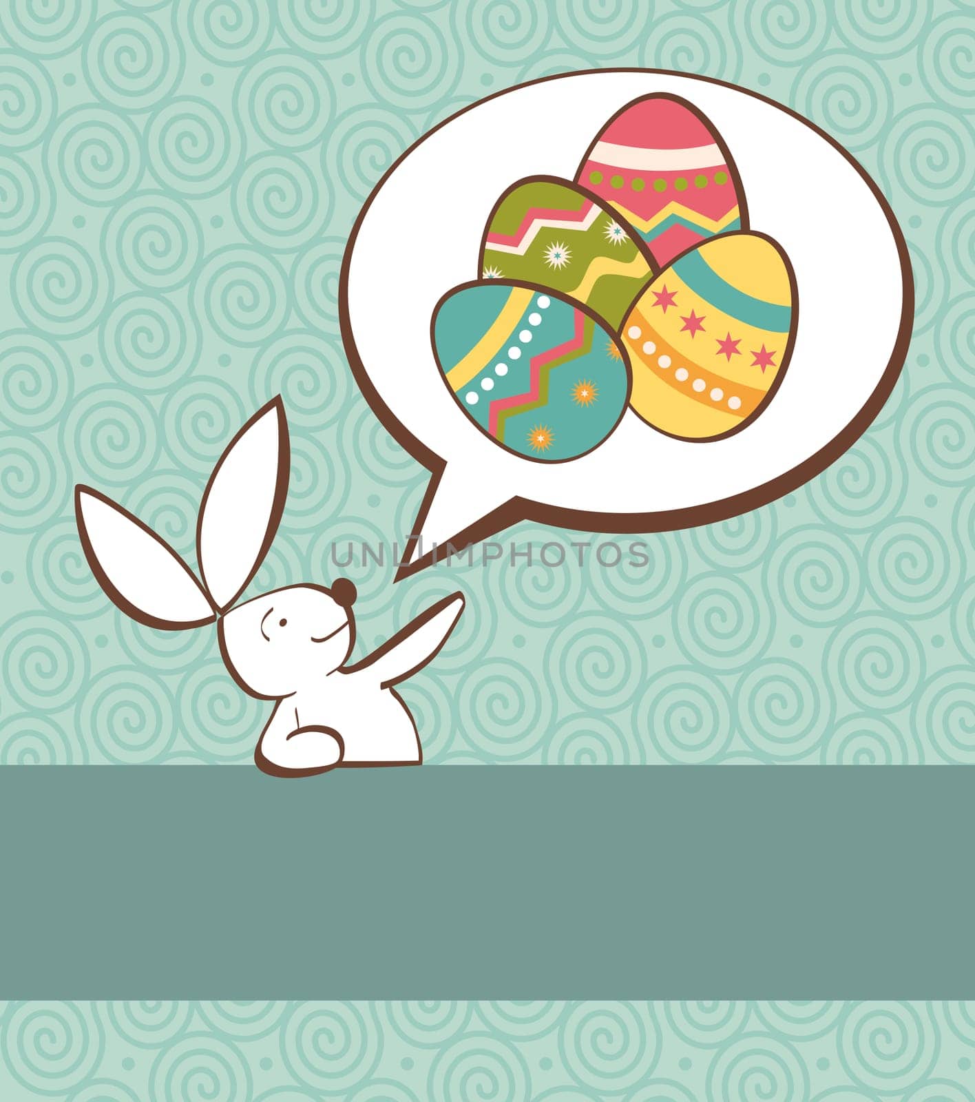 One Easter bunny with painted eggs in a social speech dialogue bubble in pastel colors.Vector file layered for easy manipulation and custom coloring.